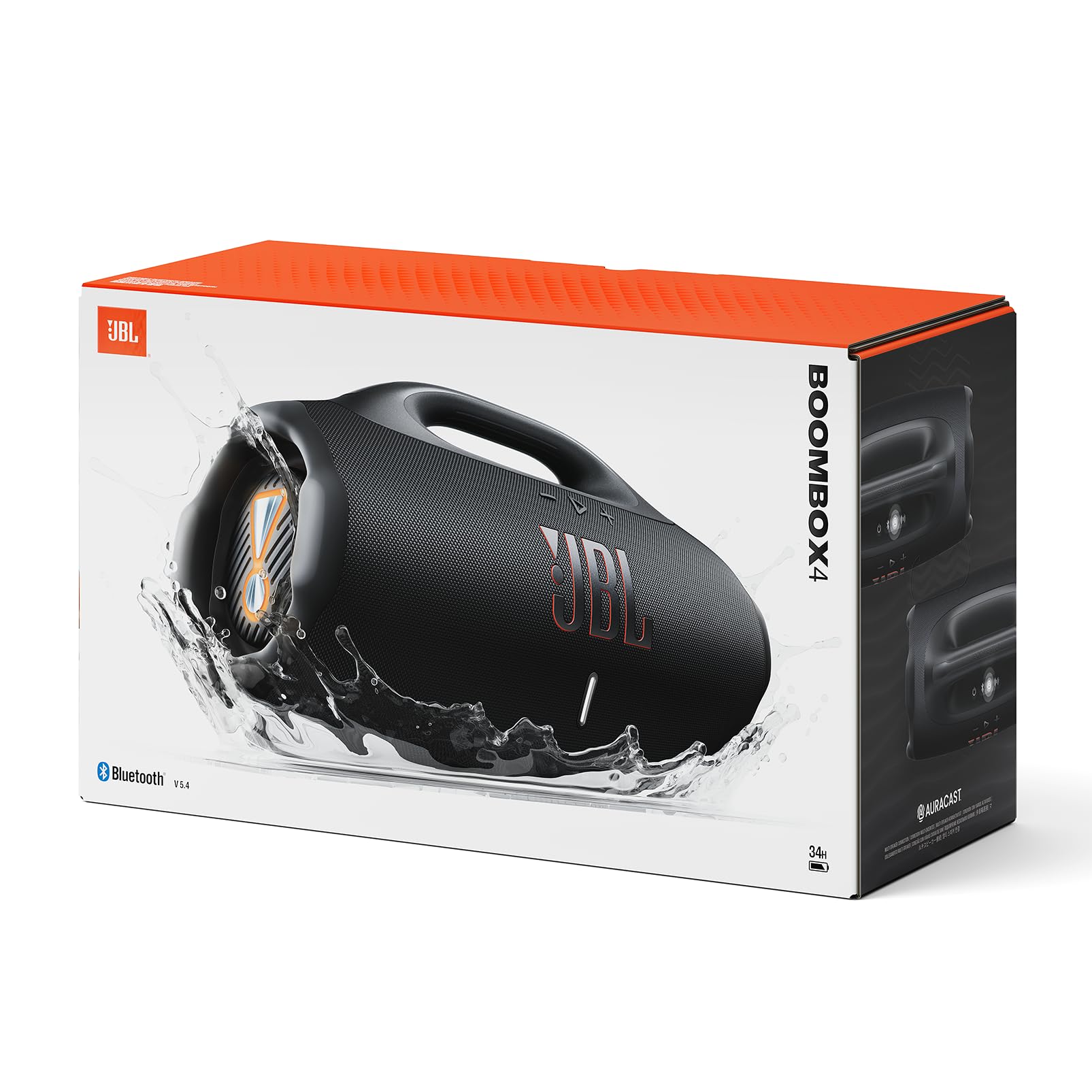 JBL Boombox 4, Speaker Bluetooth Portatile, JBL Pro Sound con AI Sound Boost, IP68 Resistente ad Acqua e Polvere, Fino a 34 Ore di Autonomia, Auracast Multi-Speaker, Doppio Bass Boost, Nero