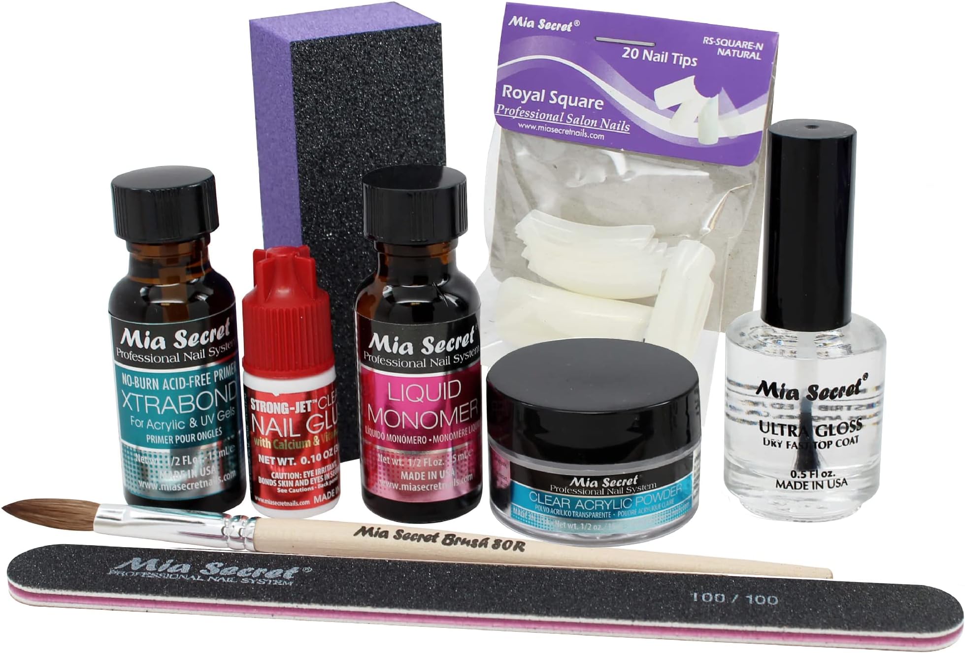 Acrylic Nail Kit: 1/2 oz liquid monomer, 1/2 oz clear acrylic powder, ultra quick nail glue, 1/2 oz ultra gloss top coat, fancy 20 nail tips, 1/2 oz primer, speedy zebra straight nail file 100/100, #8 nail brush and emery block