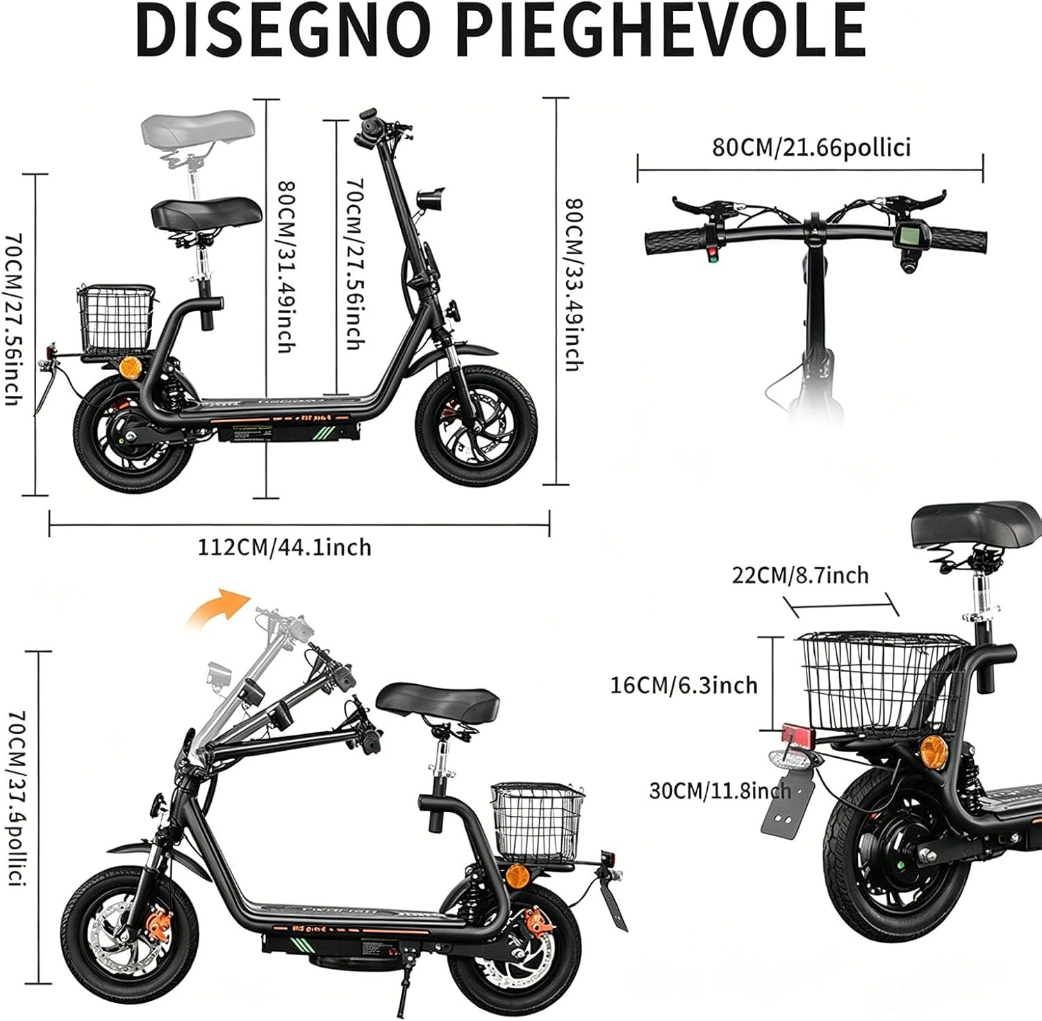 M5PRO-E Monopattino Elettrico Pieghevole, 48V 13 Ah, 30Km di Autonomia | Limite Velocità Sbloccabile,Display,Pneumatici 12",Sedile, Bauletto,Specchietti Retrovisori,Doppia Sospensione&Freno Disco
