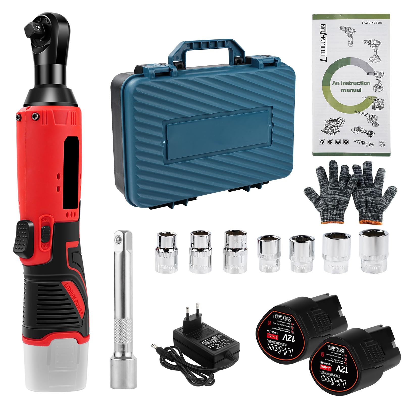 Llave de Carraca Eléctrica Inalámbrica, 12V 3/8" juego de llaves de trinquete eléctricas 35 Nm con 2 baterías de 1500 mAh y 7 enchufes para Reparación de Automóviles y Mantenimiento de Fontanería