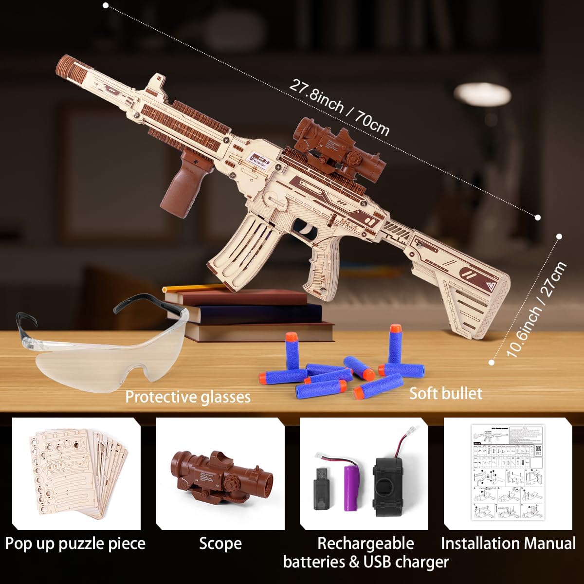 VATOS Wooden Gun Puzzles, 3D Wood Puzzles Gun for Adult with Foam Soft Bullet, Electric Wooden M416 Rifle Puzzle Toy Model, Wood Puzzle DIY Building Kits for Adult Christmas Birthday Gift