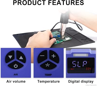600W Hot Air Rework Soldering Station with Temperature Control, Adjustable Air Volume, Digital Display for SMD Soldering with 3 Hot Air Nozzles,220V