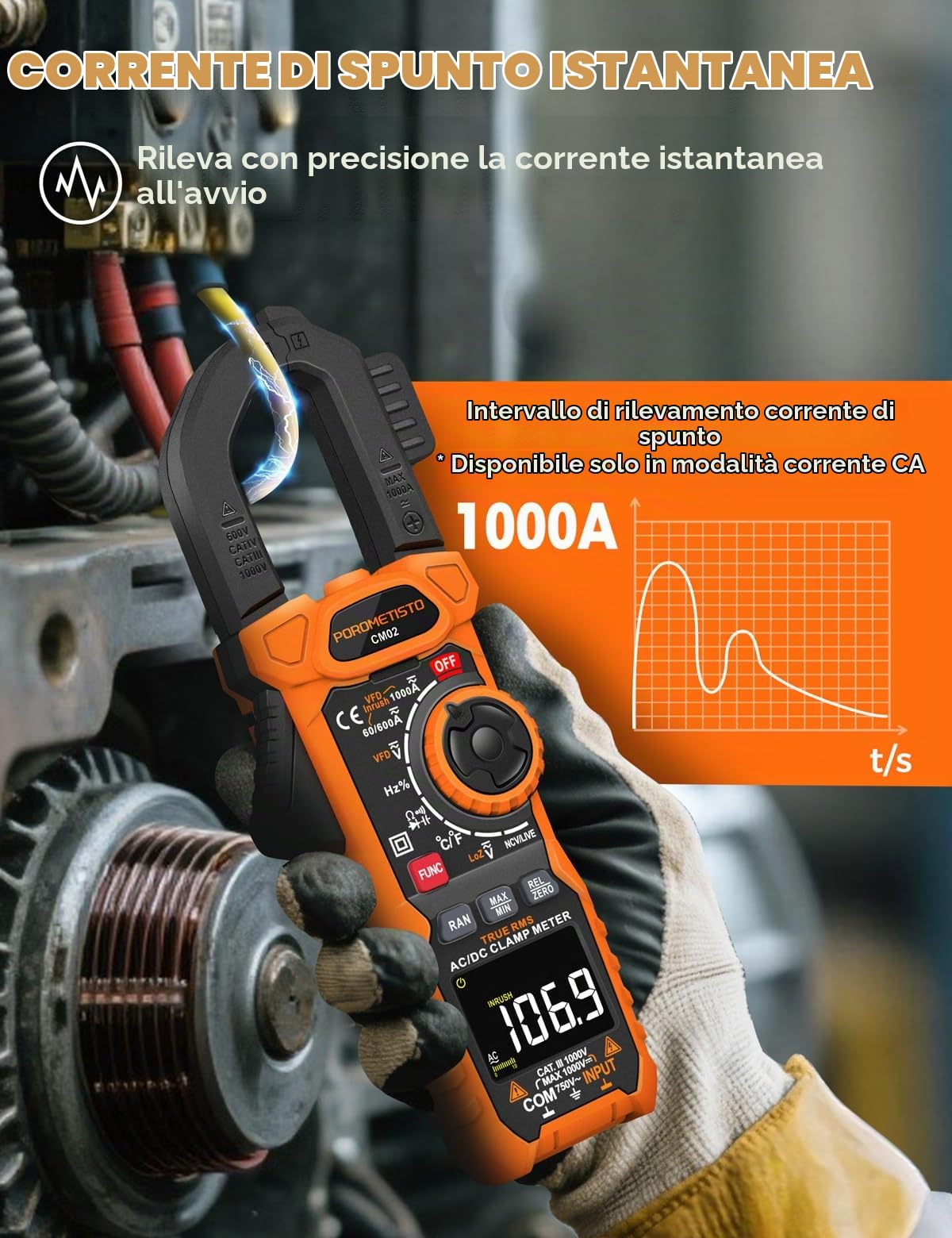 Pinza Amperometrica Professionale 6000 Counts TRMS 1000 A con VFD e LoZ, Voltmetro Amperometro CM02 CA 750V/CC 1000V, Misura AC/DC, Corrente d'Avviamento, NCV, Temperatura, Capacità
