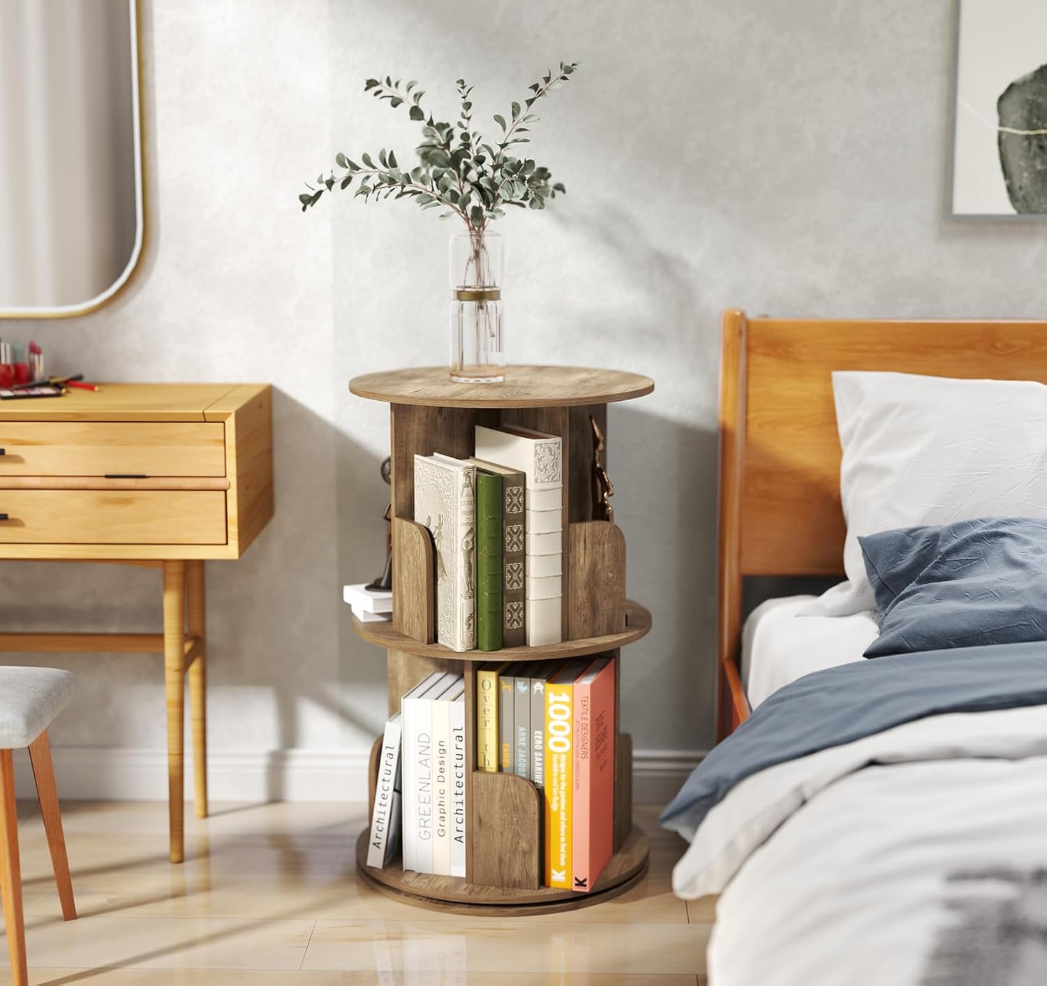 2-Tier Rotating Bookshelf, 360° Display Revolving Bookcase Space-Saving Storage Round Shelf for Corners, Living Room, Bedroom, Office, Kids Room (Light Brown)