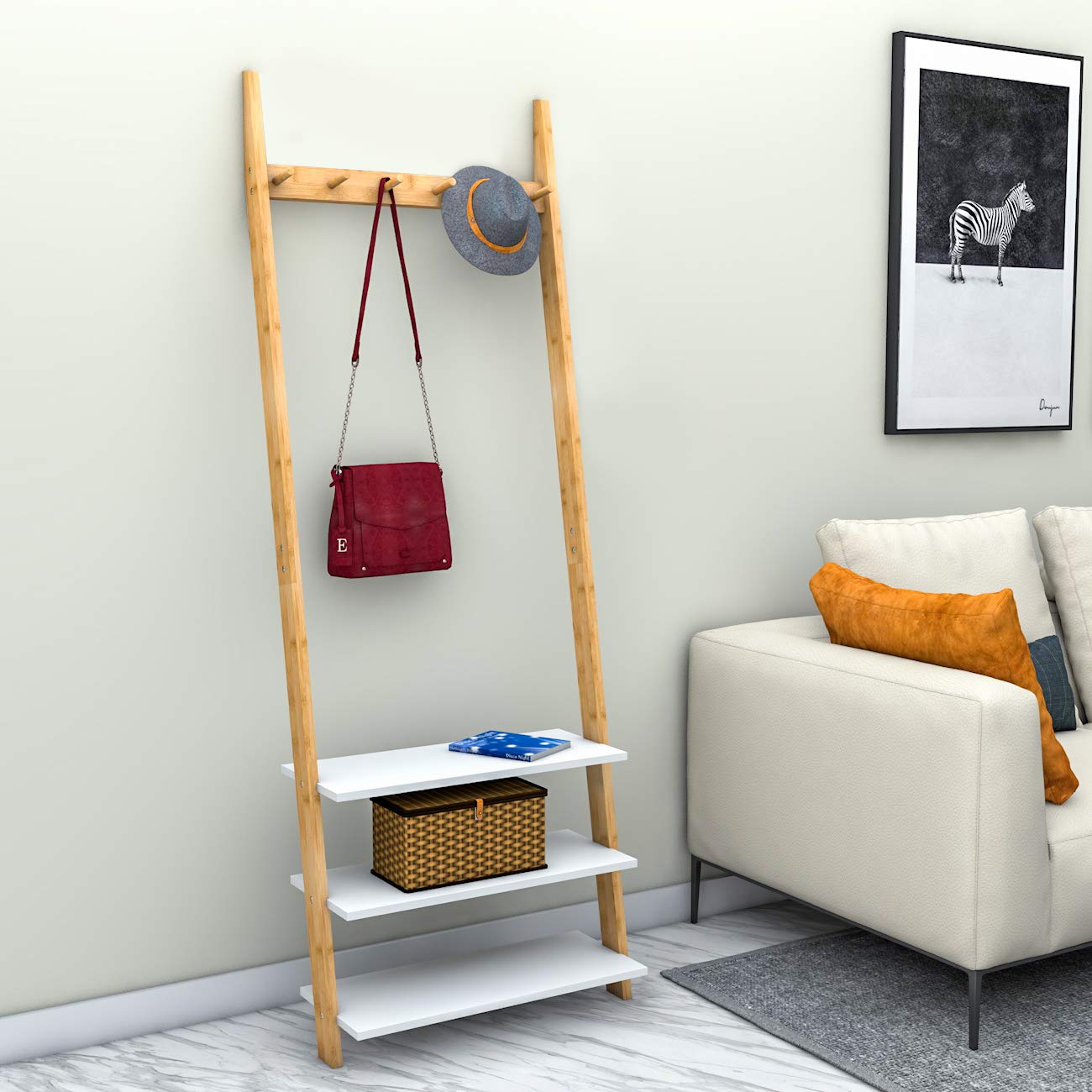 AMBIRD Garderobe Aus Bambus - 6-in-1 Flurbaum Mit Schuhbank & 14 Haken