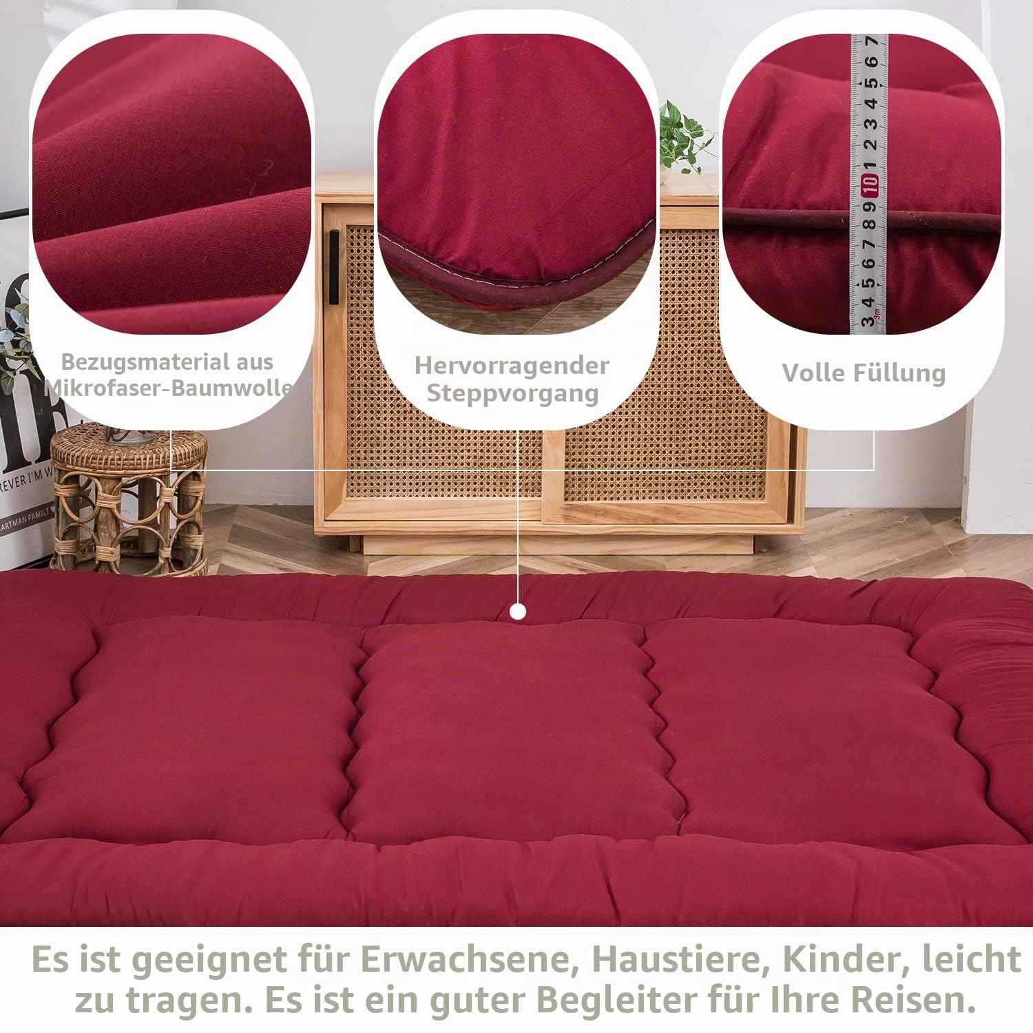 MAXYOYO Klappmatratze Futon Matratze Bodenmatratze Gepolsterte Japanische Tatami Gesteppte Bett, Dicke Faltmatratze Schlafmatte Rollmatratze Bodenliege Gästematratze (Burgunderfarben, 90x190 cm)