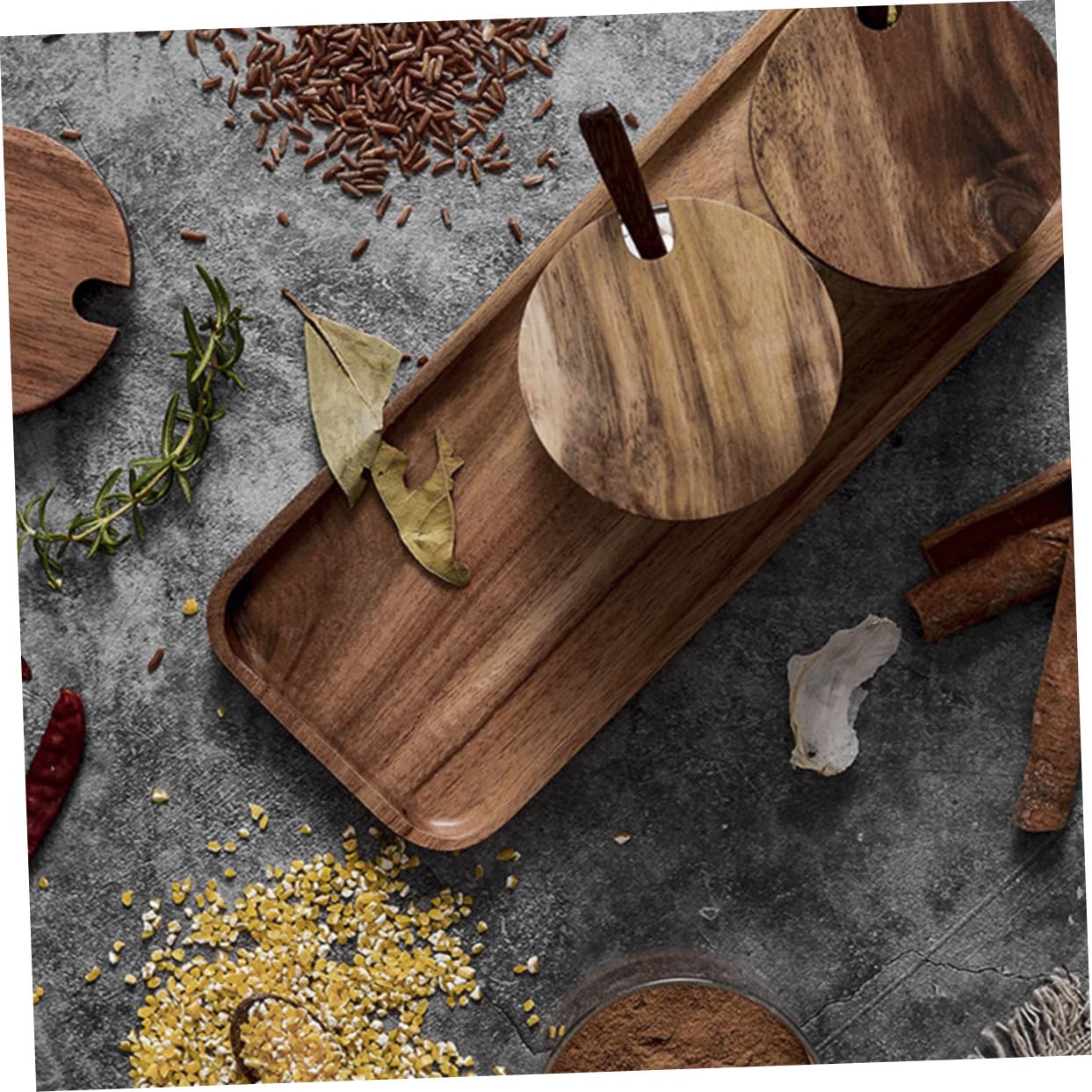 TOYANDONA Glas Gewürzbehälter Holzdeckel und Löffel Küchen Organizer Tablett Luftdicht Platzsparend Gesundes Material für Gewürze Granulate und Flüssigkeiten