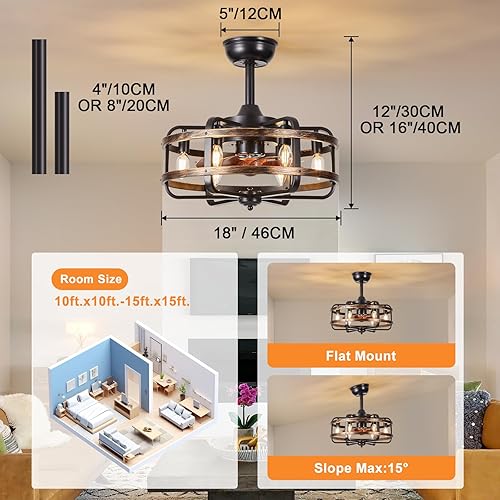 Miniatura 6 de Ventiladores de techo enjaulados con luces, color negro, estilo casa de campo, de 18 pulgadas, montaje empotrado, sin aspas, lámparas rústicas con