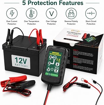 Unocho 6V/12V Battery Charger Maintainer 1.5A Automatic Trickle Charger Smart Float Charger for Car Motorcycle Lawn Mower Boat ATV Snowmobile Lead-Acid AGM GEL SLA VRLA WET Batteries