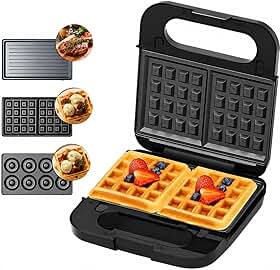 Sanduicheira 3 em 1, Elétrica, Grill, Sanduiches, Waffles, Donuts, Rosquinhas, Bolinhos, Grelhados, Com 3 Placas Removíveis, Anti Aderentes, Portátil, 1200W, 127V, Café Da Manhã, Lanches e Refeições.