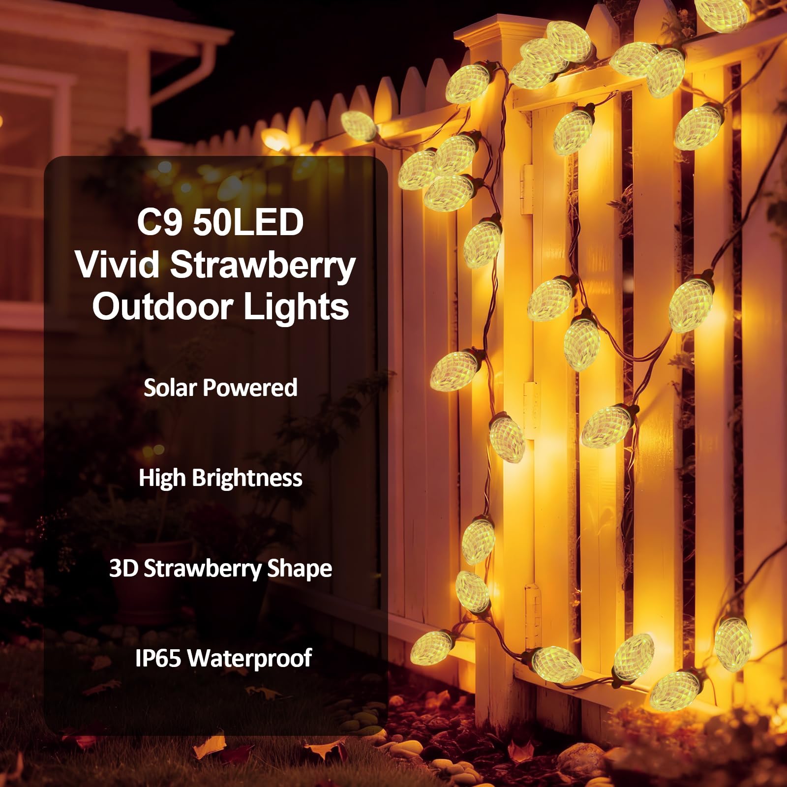 C9 - Guirnalda de luces LED de Navidad alimentadas por energía solar, 50 luces LED impermeables de fresa con 8 modos de iluminación de alambre verde para decoración de patio exterior, boda