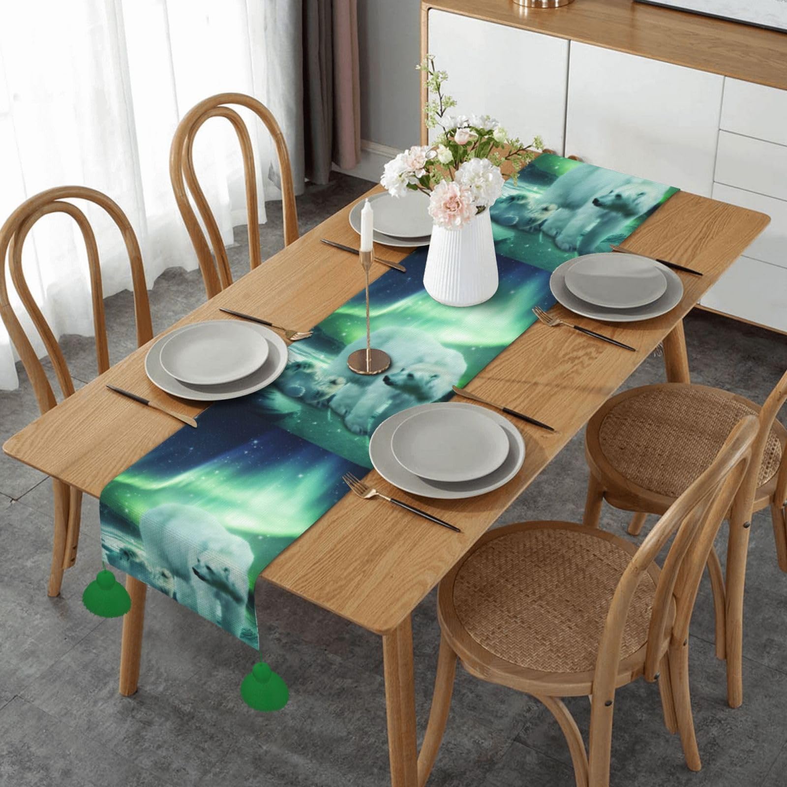 Chemin de table lin ours polaire de Noël pour table de cuisine festive