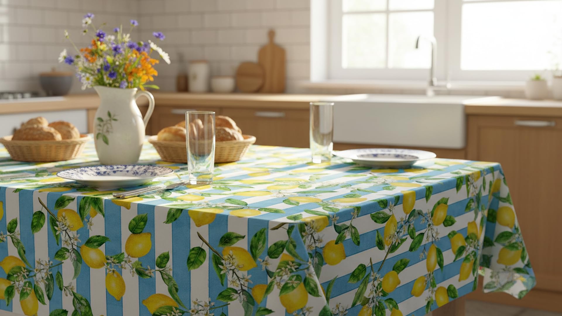 Vilber, Mantel, Corte de Tela de Algodón/Poliester de Fibras recicladas. Resinado, Antimanchas, Impermeable, para Interior y Exterior. Lemons.3159 (140x300 cm)