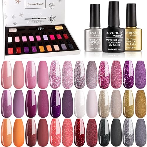 Lavender Violets - Kit de 20 esmaltes de uñas en gel con purpurina