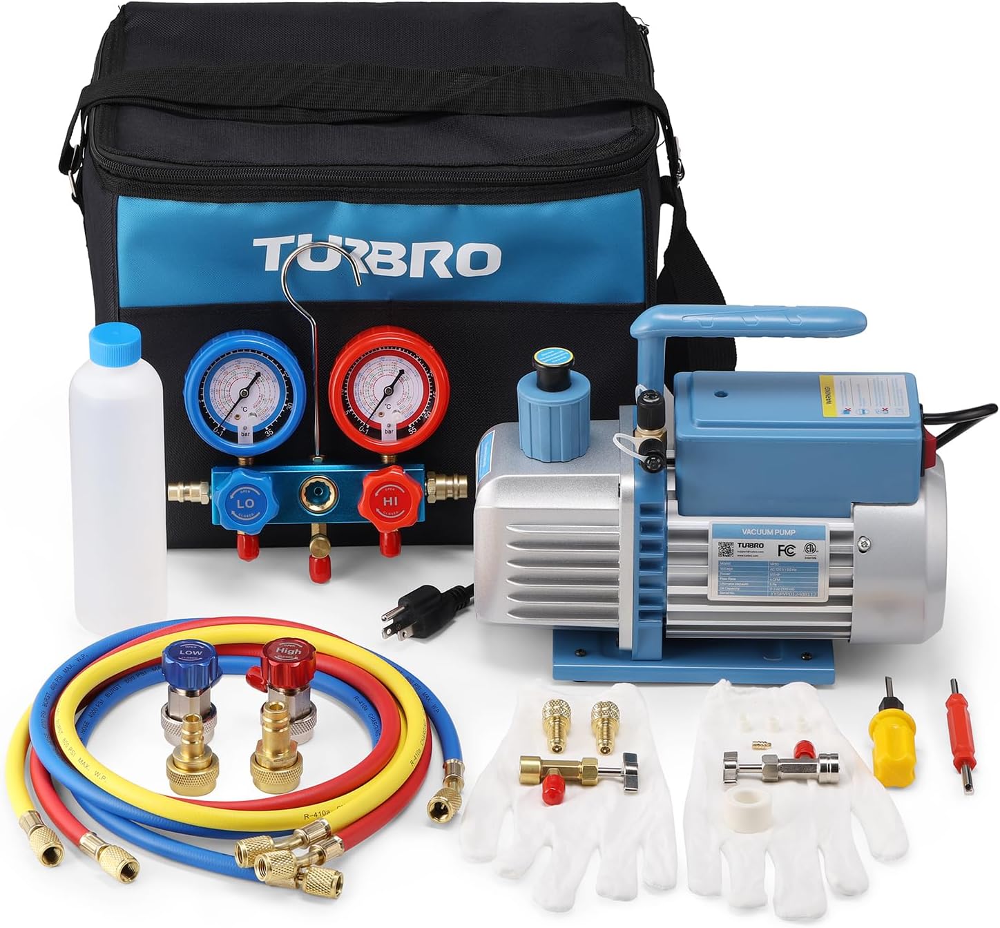 TURBRO 4.0 CFM 1/3HP Vacuum Pump and Gauge Set, Manifold Gauge Kit with Adaptors and Portable Bag, Overcurrent Protection, R134a, R22, R410a, R32 and R1234yf, for Home and Automotive HVAC Systems