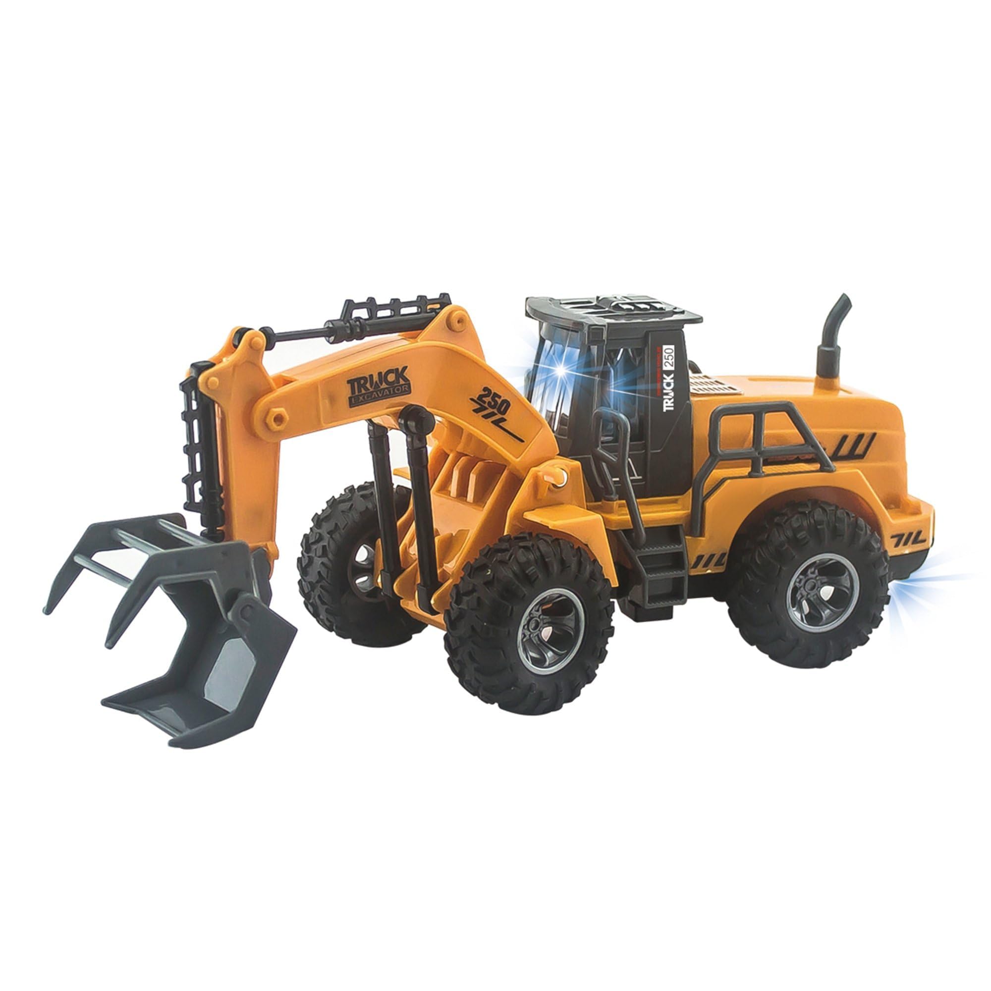 Ruspa Escavatore Giocattolo Radiocomandato RC con Luci LED Mezzi Cantiere Telecomandati Bambini Bulldozer Trattore Scavatrice Ruspa Radiocomandata Mezzi Lavoro Martello Pneumatico Porta Tronchi (B)