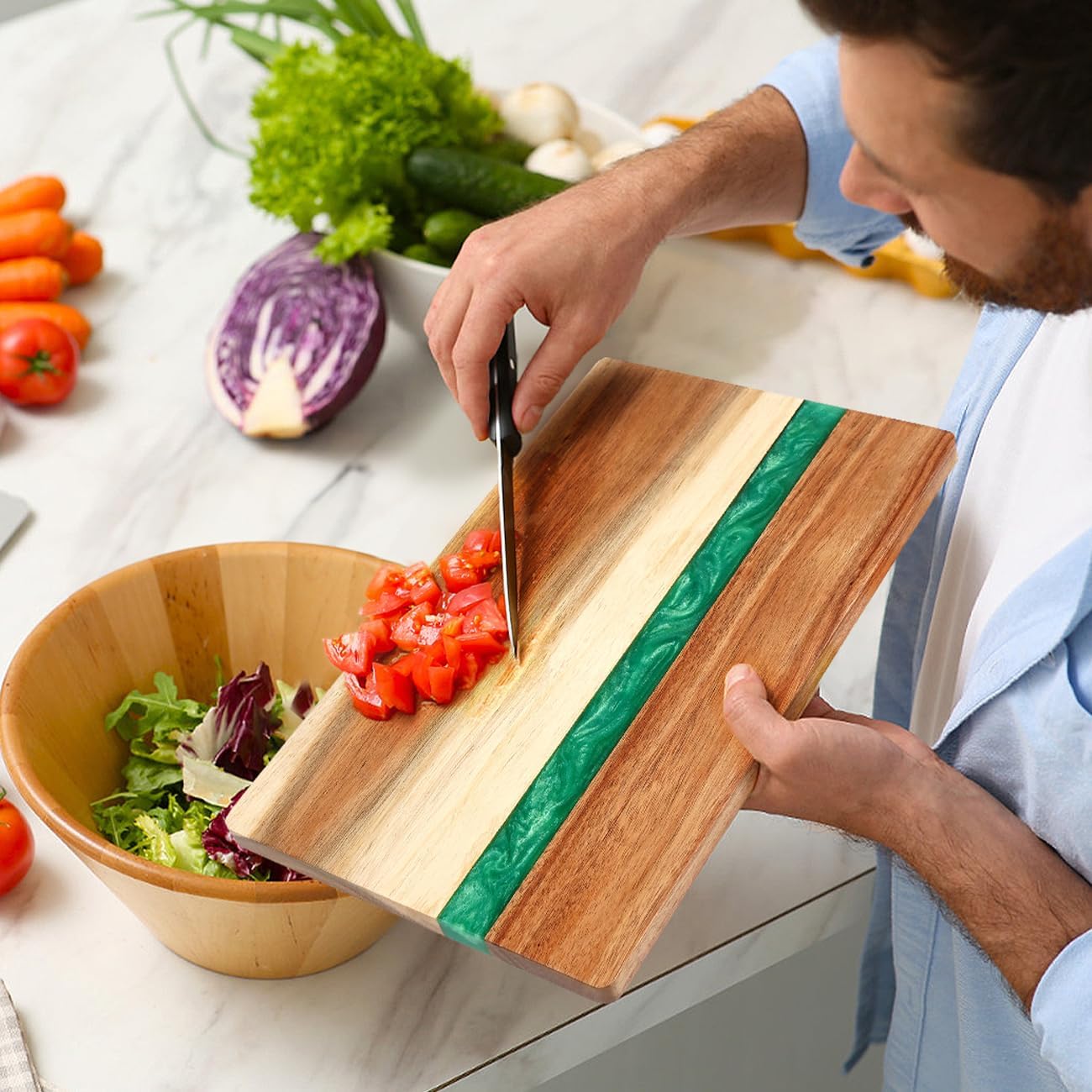 Acacia Wood Cutting Board with Resin Wave Design - Versatile Kitchen 13x8.5 Inches Chopping Board for Meat, Vegetables, Fruits, Cheese & Charcuterie, Elegant Serving Tray (Green)