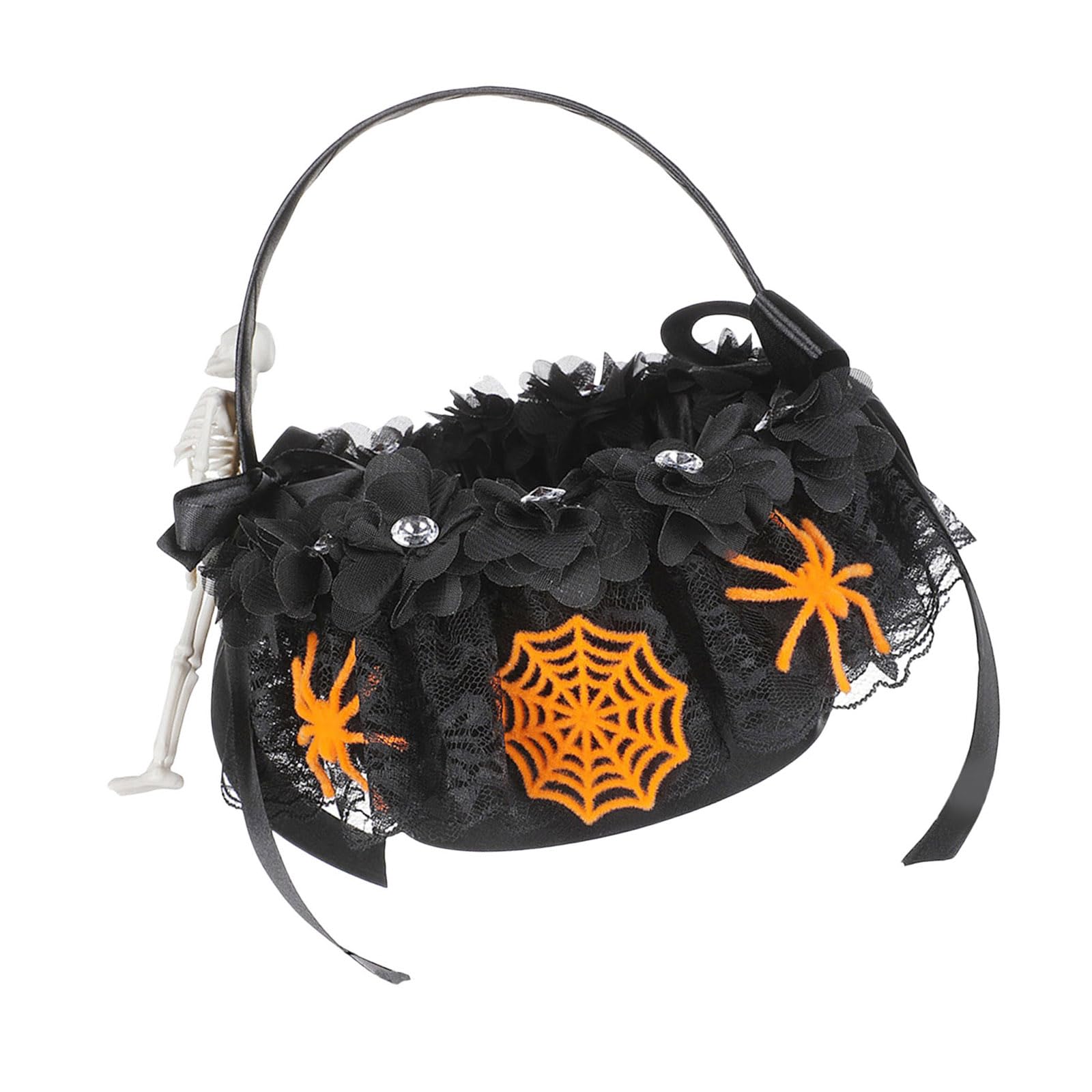 Halloween Candy Tote Bucket Compact Treat Holder with Single Handle, Lace Trim, Bucket for Seasonal Parties Halloween Tote Lace Trim Treat Holder Candy Pouch Seasonal Event Compact
