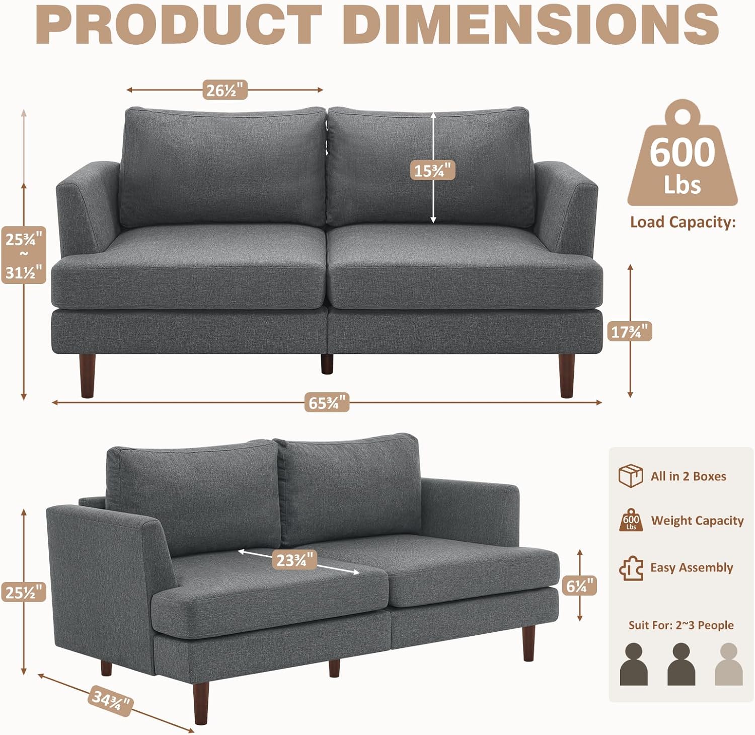 Furnimart 66" Wide Loveseat Sofa, Extra Spacious Seating, Deep Cloud Couch with Removable Cushions, Mid-Century Modern 2-Seater for Living Room & Small Spaces