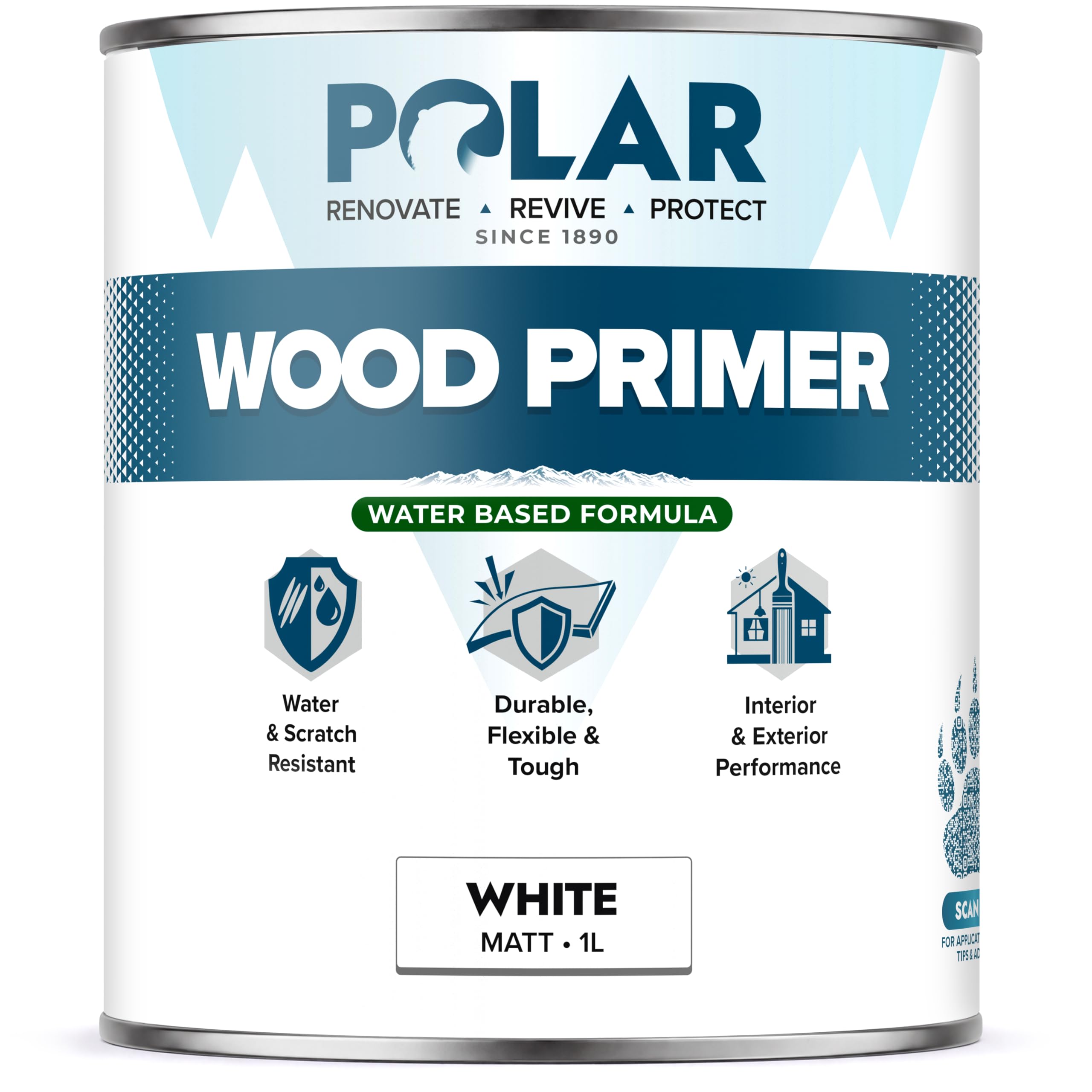 Polar Wood Primer - White Undercoat for Interior and Exterior Wood - 1L