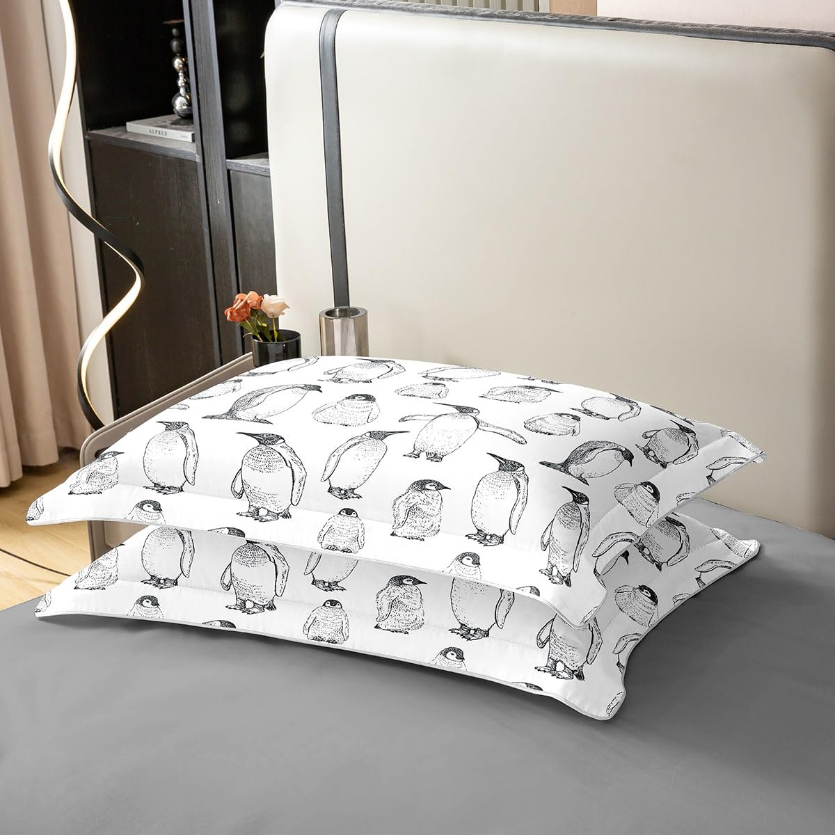 100% Gewaschene Baumwolle Pinguin Bettwäsche Set 135x200,Antarktis Tier Bettbezug für Kinder Jungen Mädchen Kinder,Winter Thema Tröster Abdeckung Pinguin Skizze Quilt Cover Dekorativ,Grau Weiß