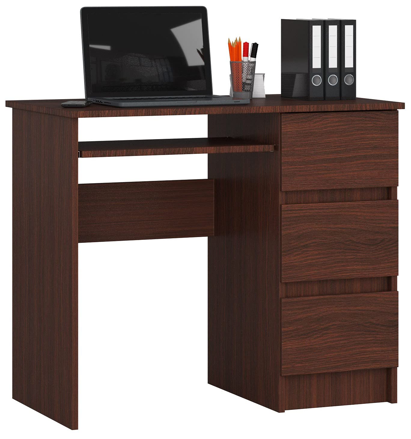 AKORD | Scrivania A-6 con Ripiano per Tastiera | Office Desk | 3 Cassetti a Destra | Scrittoio per Ufficio | Per Computer PC Laptop | 90x77x50 cm | 30 kg wengé