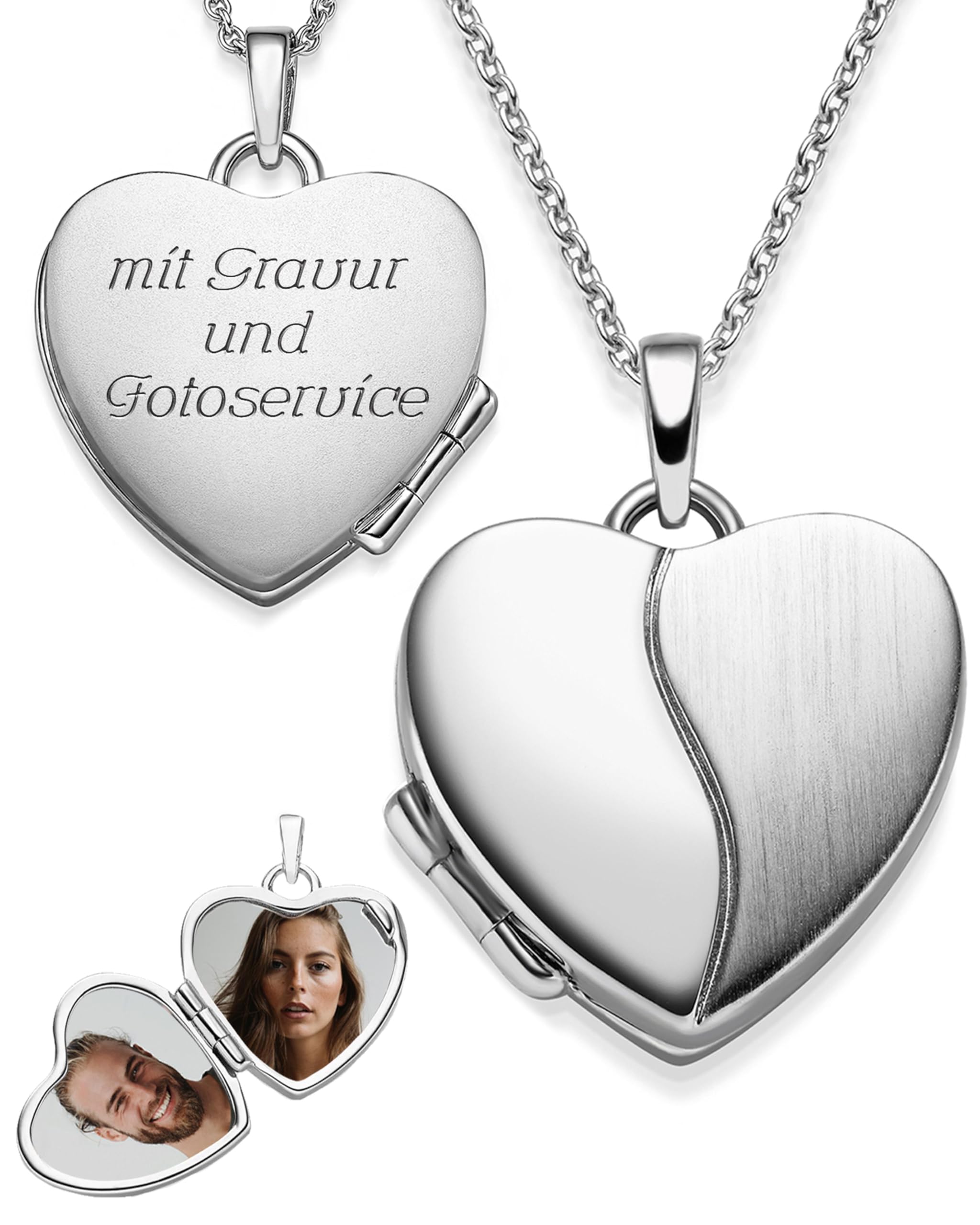 Amoonic Medalion damski w kształcie serca *Romantic Love srebro próby 925 do otwierania I łańcuszek 45-50 cm I usługa przesyłania zdjęć i grawerunek etui I prezent od serca, Srebro szterlingowe, Bez