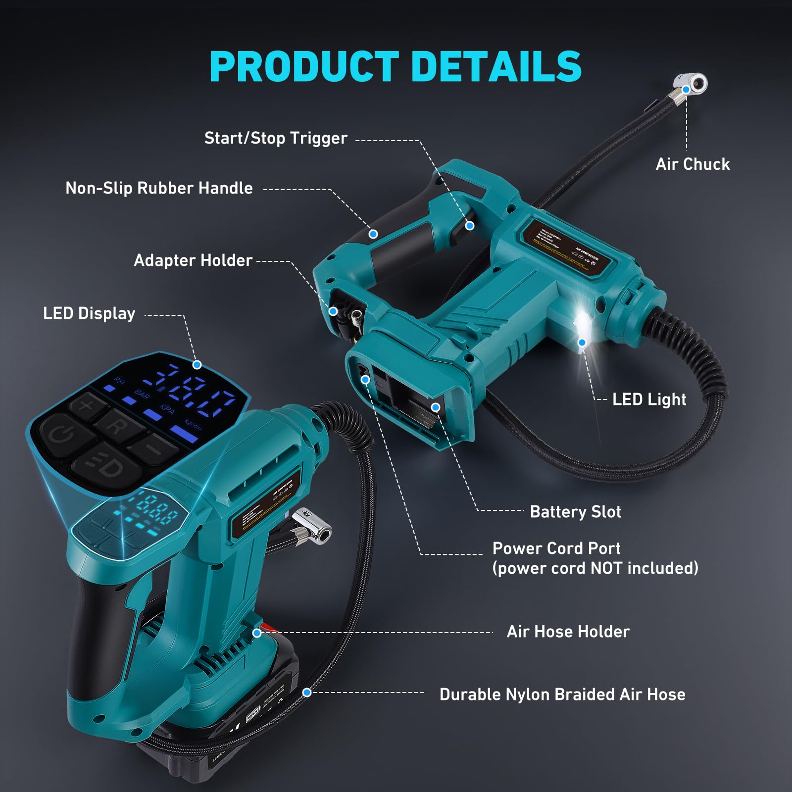Compresseur d'air 150psi 28L/min Pompe de pneu portable avec un gonfleur de pneu de batterie de 18V 3000mAh avec 3 adaptateurs pour les véhicules, motos, vélos, balles, anneaux de natation