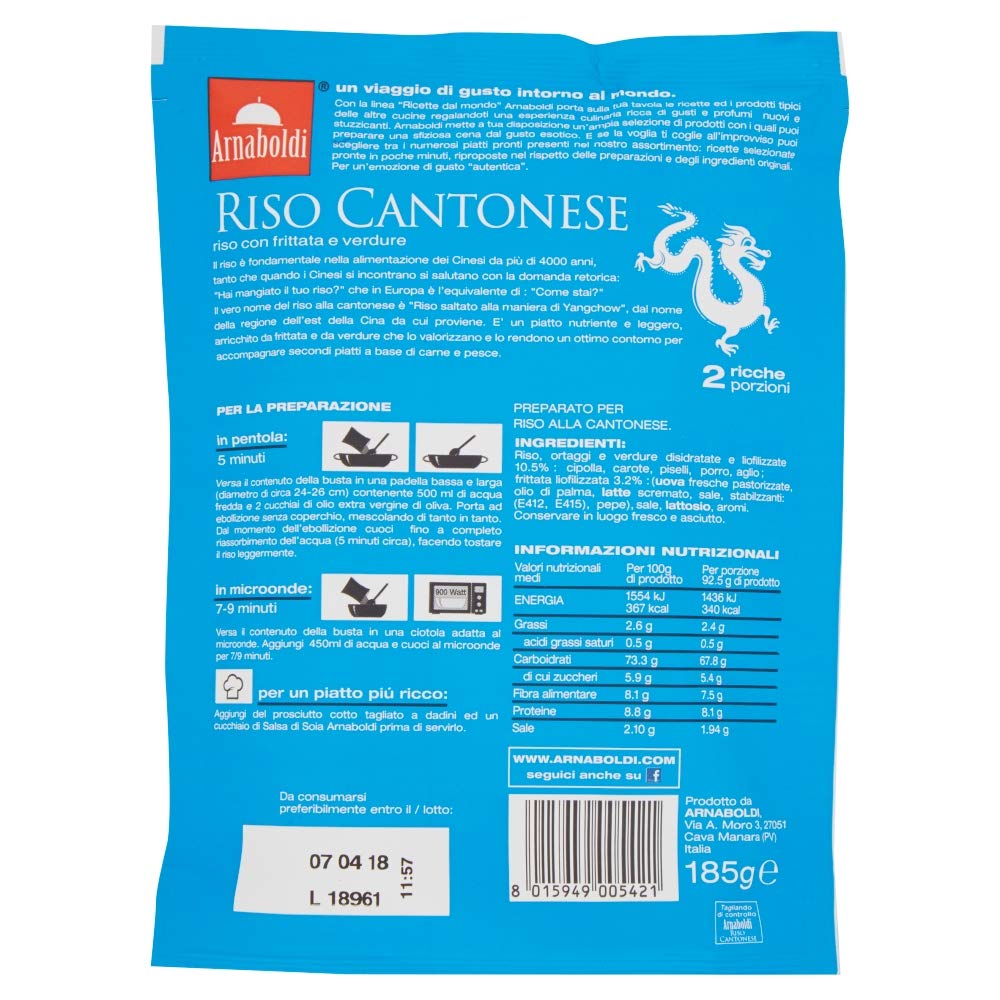 Arnaboldi Riso alla Cantonese con Frittata e Verdure, Piatto Tipico della Cucina Cinese [12 Confezioni da 185g]