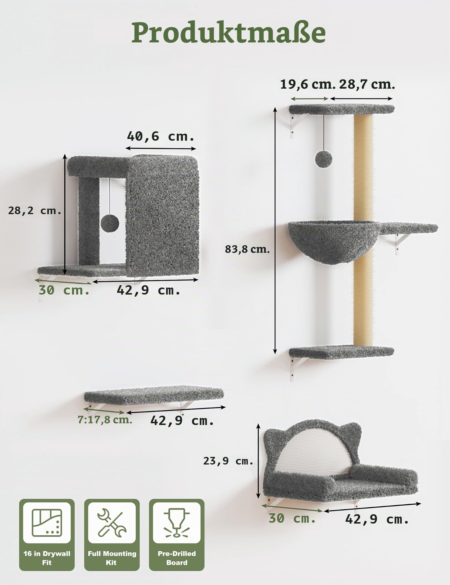 5-in-1 Katzen Kletterwand Katzenkletterwand mit Hängematte | 10-Teiliges Set mit Hängebett für Katzen bis 20 kg