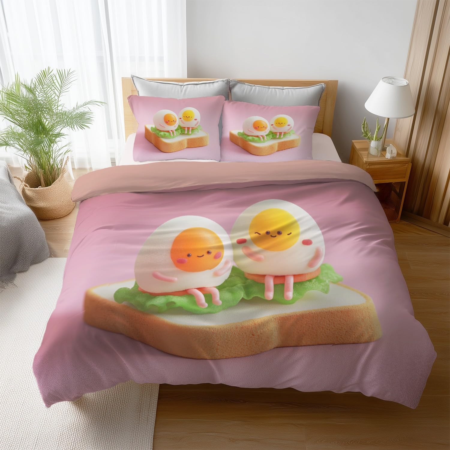 Pościel z kreskówki King Size 229 cm x 221 cm - różowa biała urocza poszewka na kołdrę z jajkiem chleb, dwustronna poszewka na kołdrę i 2 poszewki na poduszki, ultramiękki i oddychający zestaw