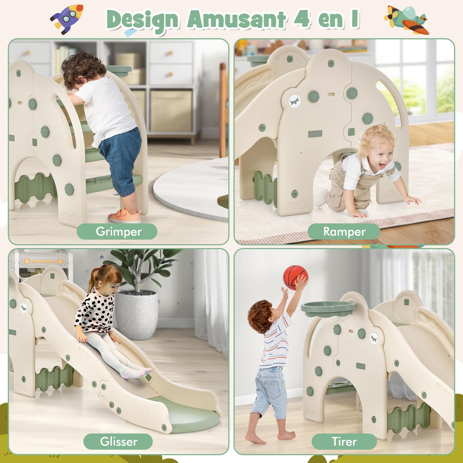 Toboggan Enfant 4 En 1 Forme D'Éléphant Avec Panier De Basket Et Ballon Zone Tampon Pour Bebe 1 5 4 Ans Charge 50kg Beige 91806797