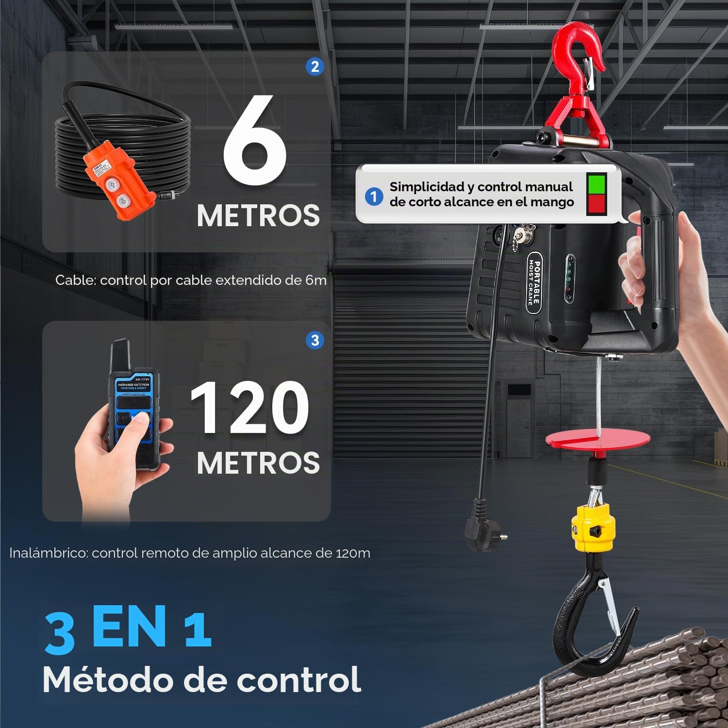 NEWTRY 3 en 1 Polipasto eléctrico 1500W, 500KG capacidad de carga con final de carrera por infrarrojos mejorado, elevación vertical y horizontal, mando a distancia 120M con CE