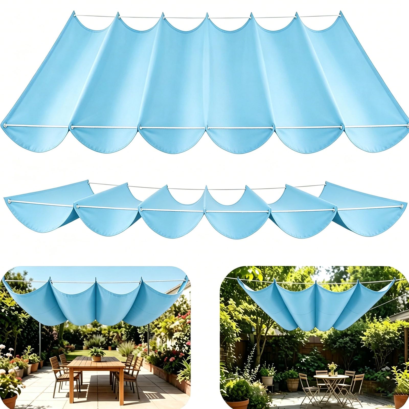 Retractable Sun Sail Shade Canopy for Outdoor Use, Custom Pergola Waterproof Shade Cover,Wave Design, Thickened Fabric, With Rope Patio for Garden Patio Balcony Pool-Sky Blue||300x600cm