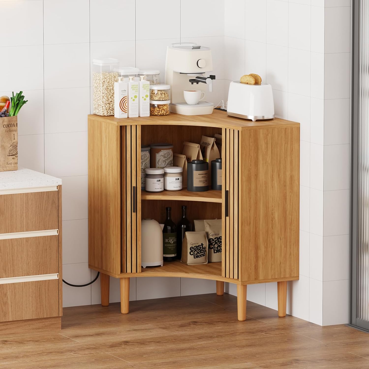 Fluted Corner Cabinet with Charging Station,Small Storage Cabinet with Curved Sliding Doors,Mid Century Modern Floor Cabinets for Living Room/Kitchen/Bathroom(Natural)