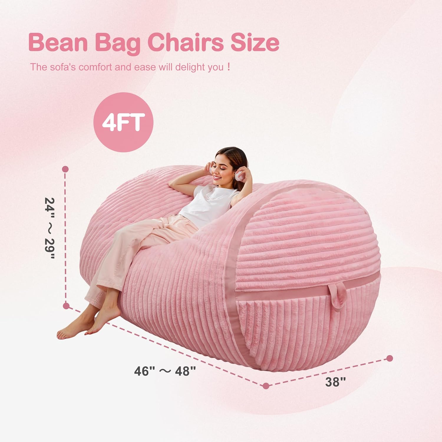 HABUTWAY Bean Bag Chair 4FT Large Bean Bag Chairs for Adults with Memory Foam Filled,4'Beanbag Chair with Soft Faux Fur Cover,Comfy Bean Bag Sofa for Classroom,Living Room,Game Room,Bedroom-Pink