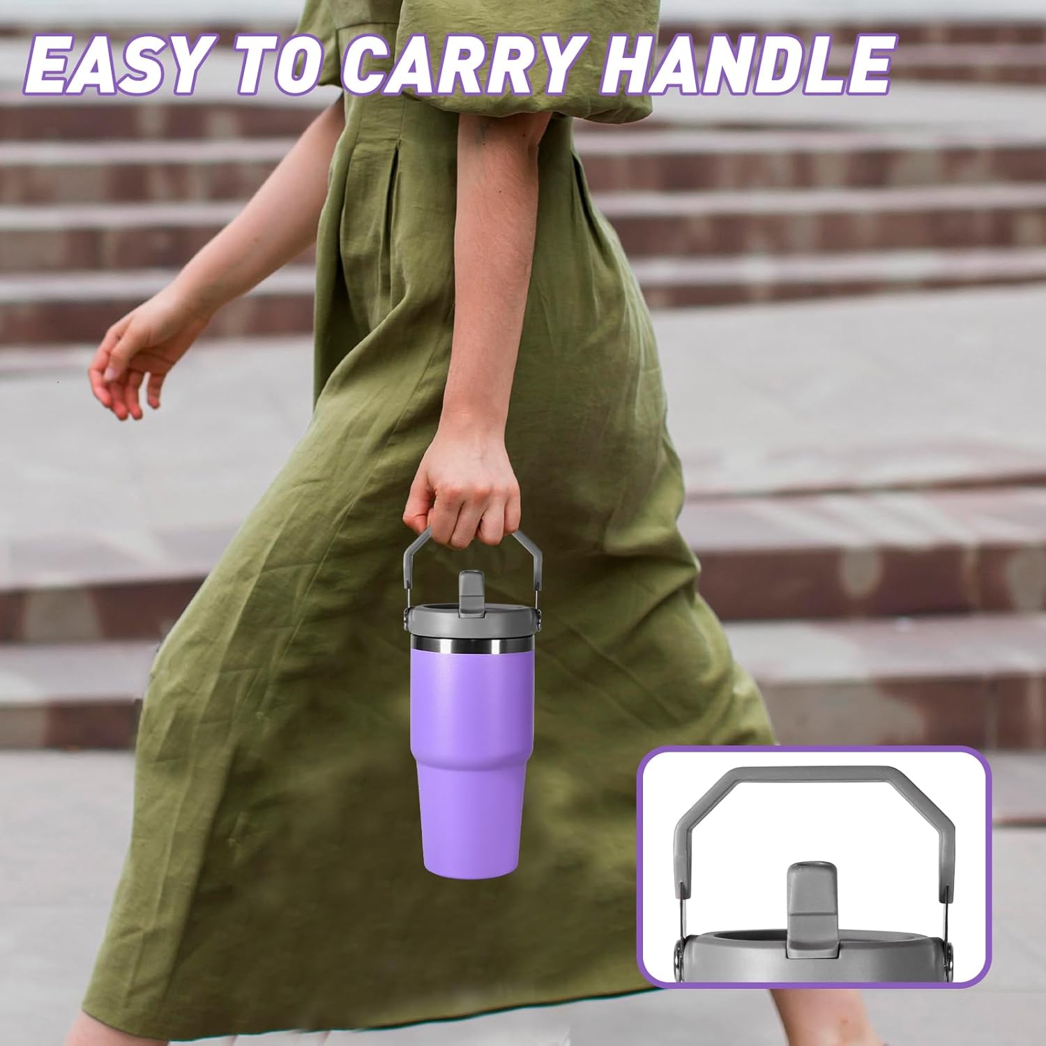 20 oz Tumbler with Handle, Insulated Tumbler with Lid and Flip Straw Leak Proof Double Wall Stainless Steel Vacuum Travel Coffee Mug Insulated Water Bottle Thermal Cup, Cupholder Friendly, Purple - Image 5