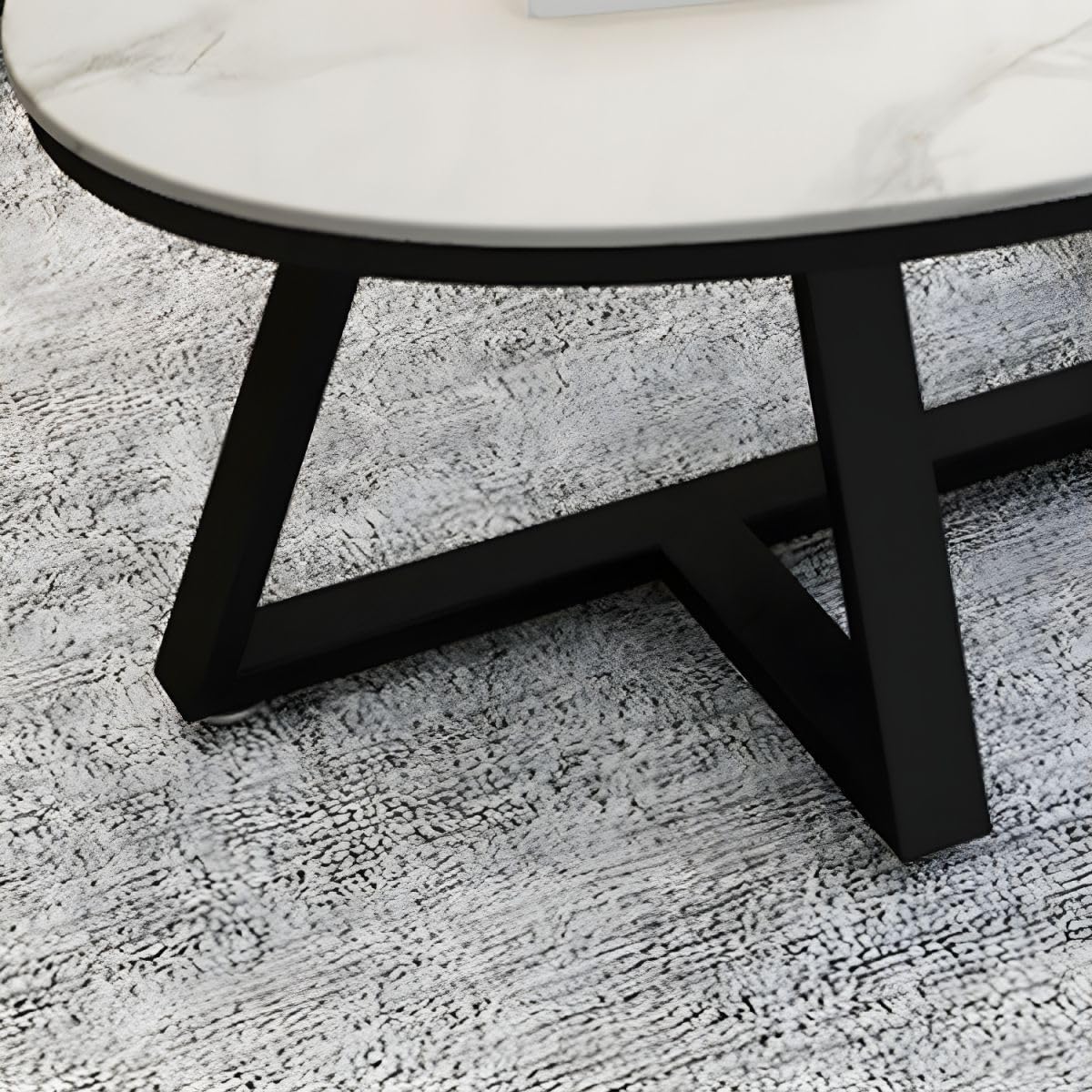 Table Basse Ovale Nordique en marbre – Plateau Blanc/Gris, Base Noire – 100 x 49 x 46 cm