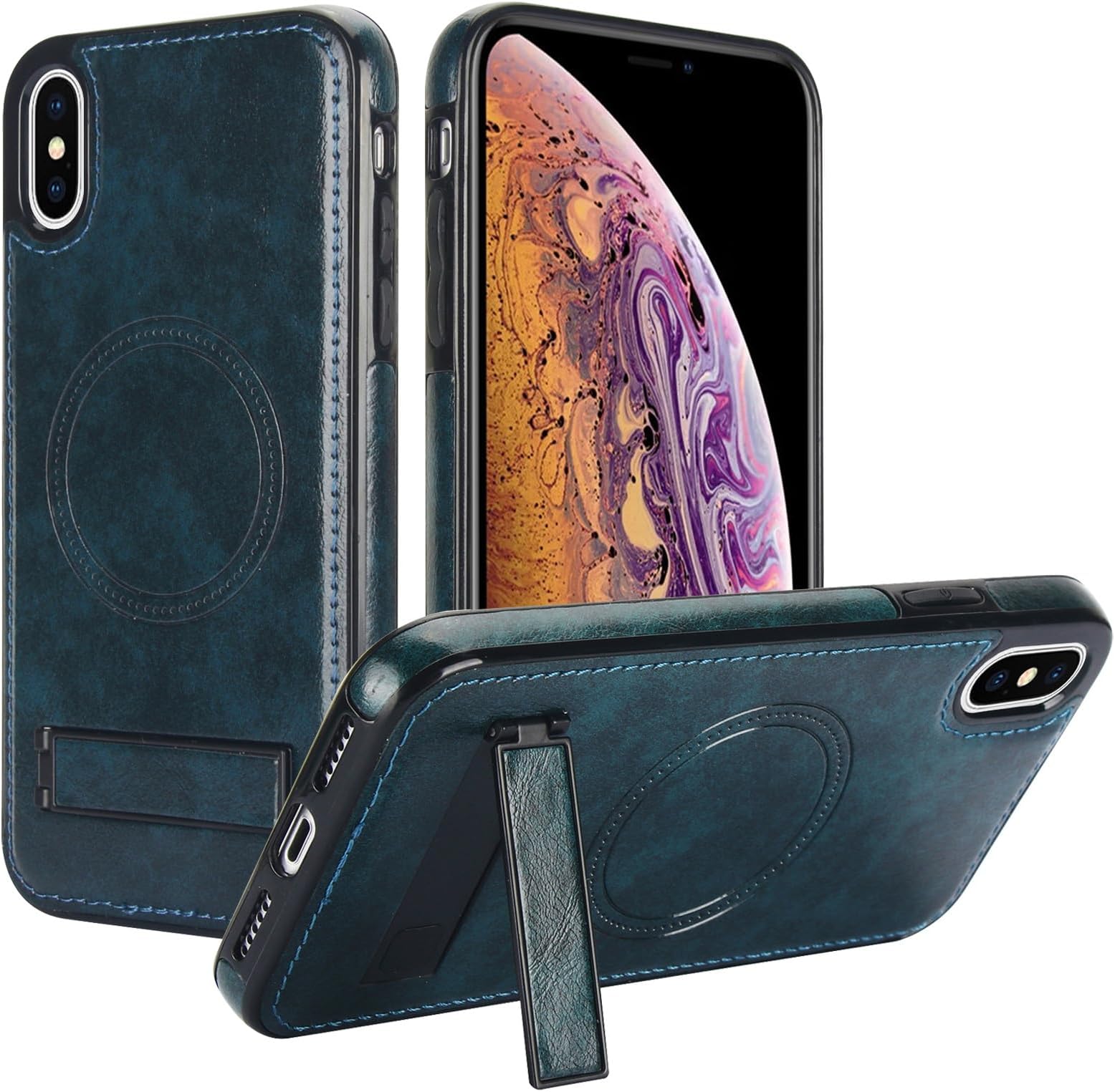 For iPhone XS MAX,PU Leather Wireless Charging Magnetic Case Cover,Hidden Kickstand Rugged Shockproof 360 Full Protective Phone(Blue)