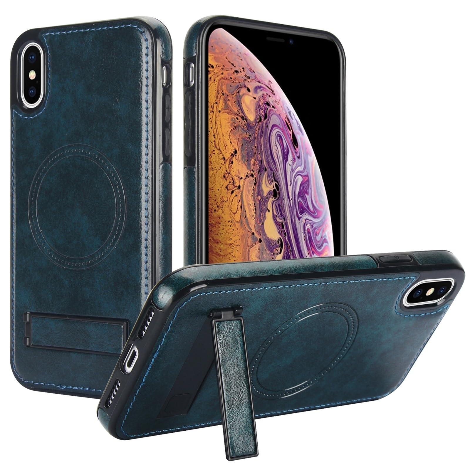 For iPhone XS MAX,PU Leather Wireless Charging Magnetic Case Cover,Hidden Kickstand Rugged Shockproof 360 Full Protective Phone(Blue)