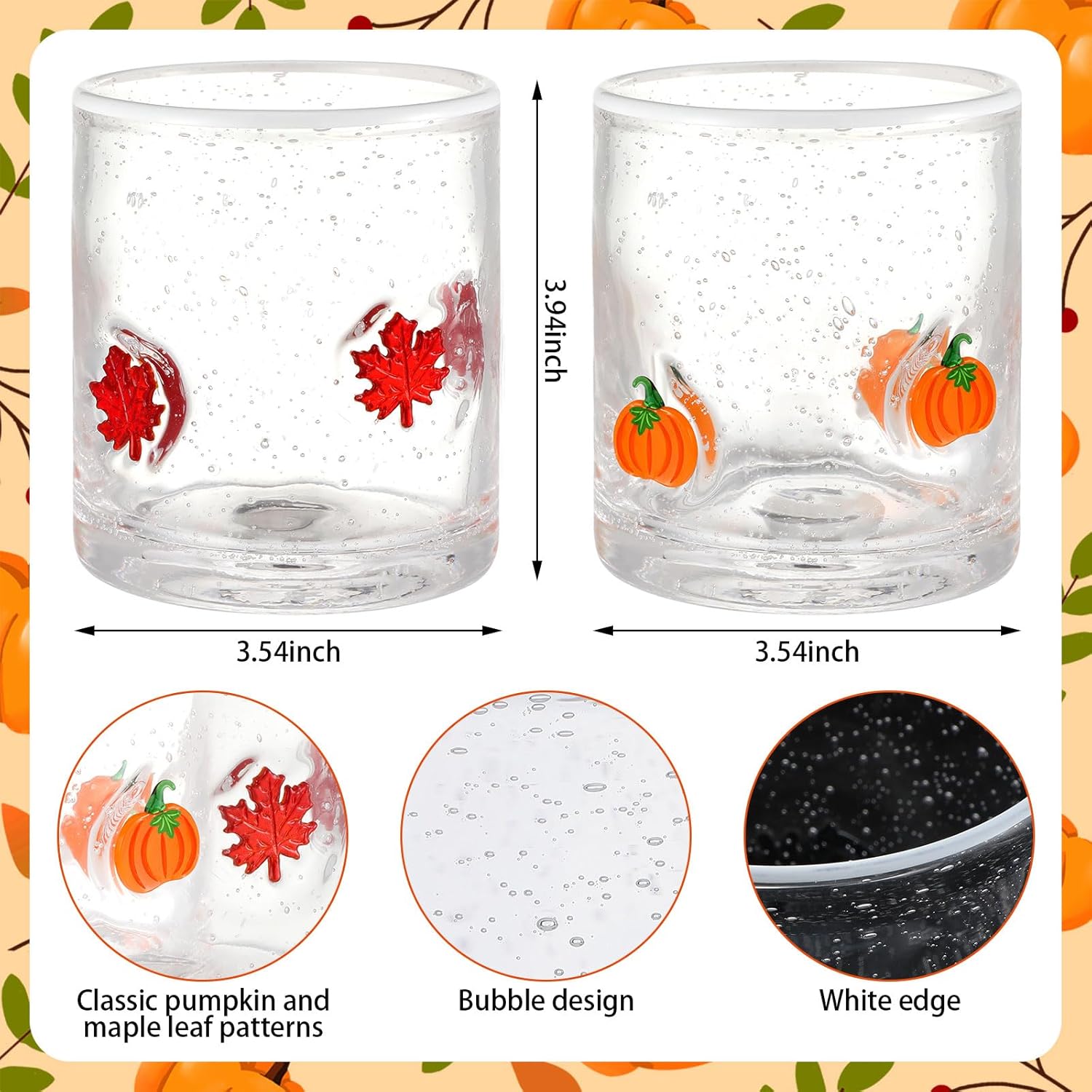 Mimorou 2 Pcs Thanksgiving Fall Icon Juice Glass 14 Ounce Pumpkin Maple Leaf Themed Drinking Cocktails Glasses for Party, Autumn Cute Double Old Fashioned Reusable Cups for Home Bar Decor Gifts - Image 3