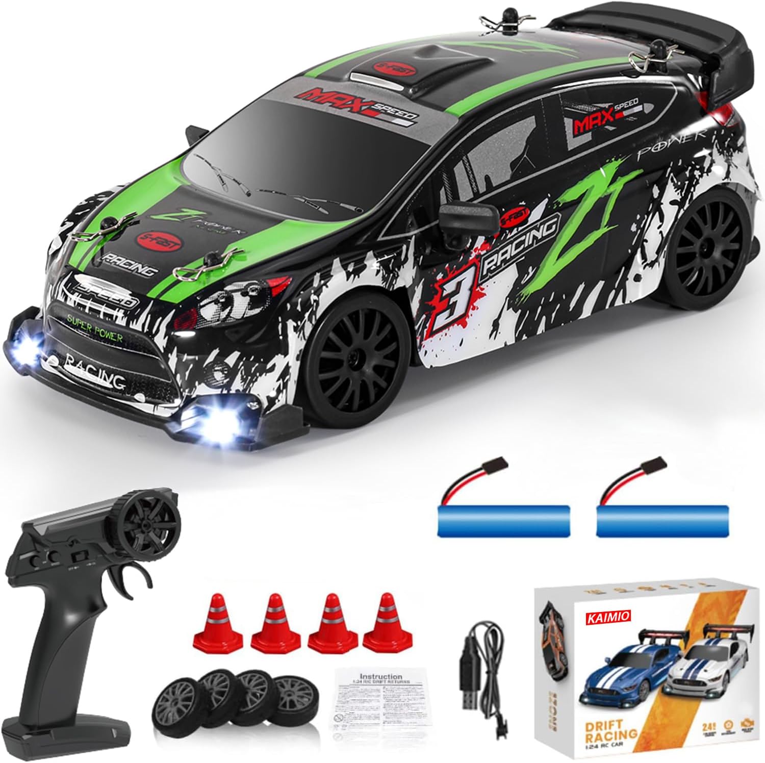 1:24 Scale RC Drift Car 4WD 2.4GHz 30KM/H High Speed Racing Sport Toy Car with LED Lights, Racing and Drift Wheels (8605-Green)