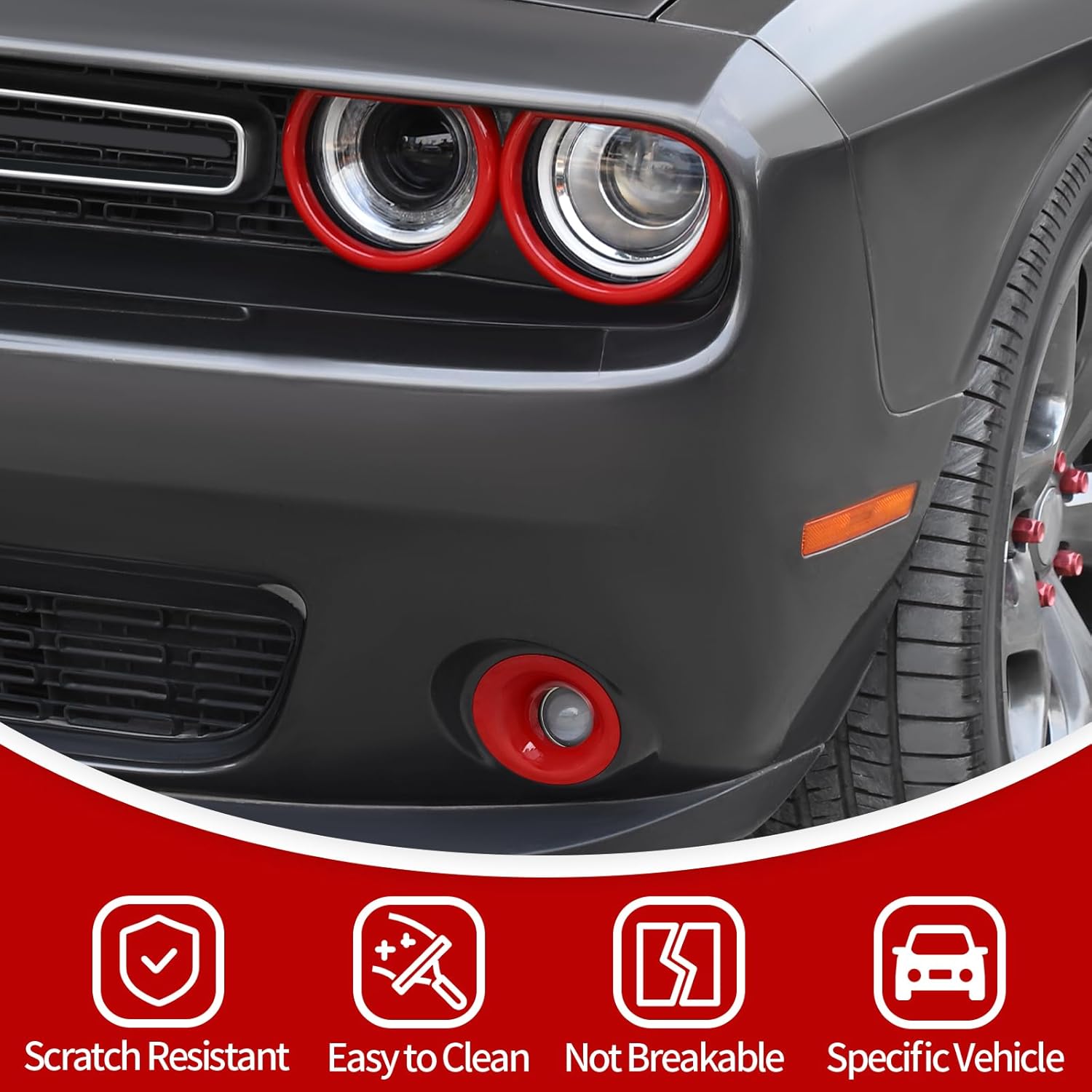 JeCar Headlight Cover & Front Fog Light Trim Exterior Accessories Compatible with Dodge Challenger 2015-2025, Red
