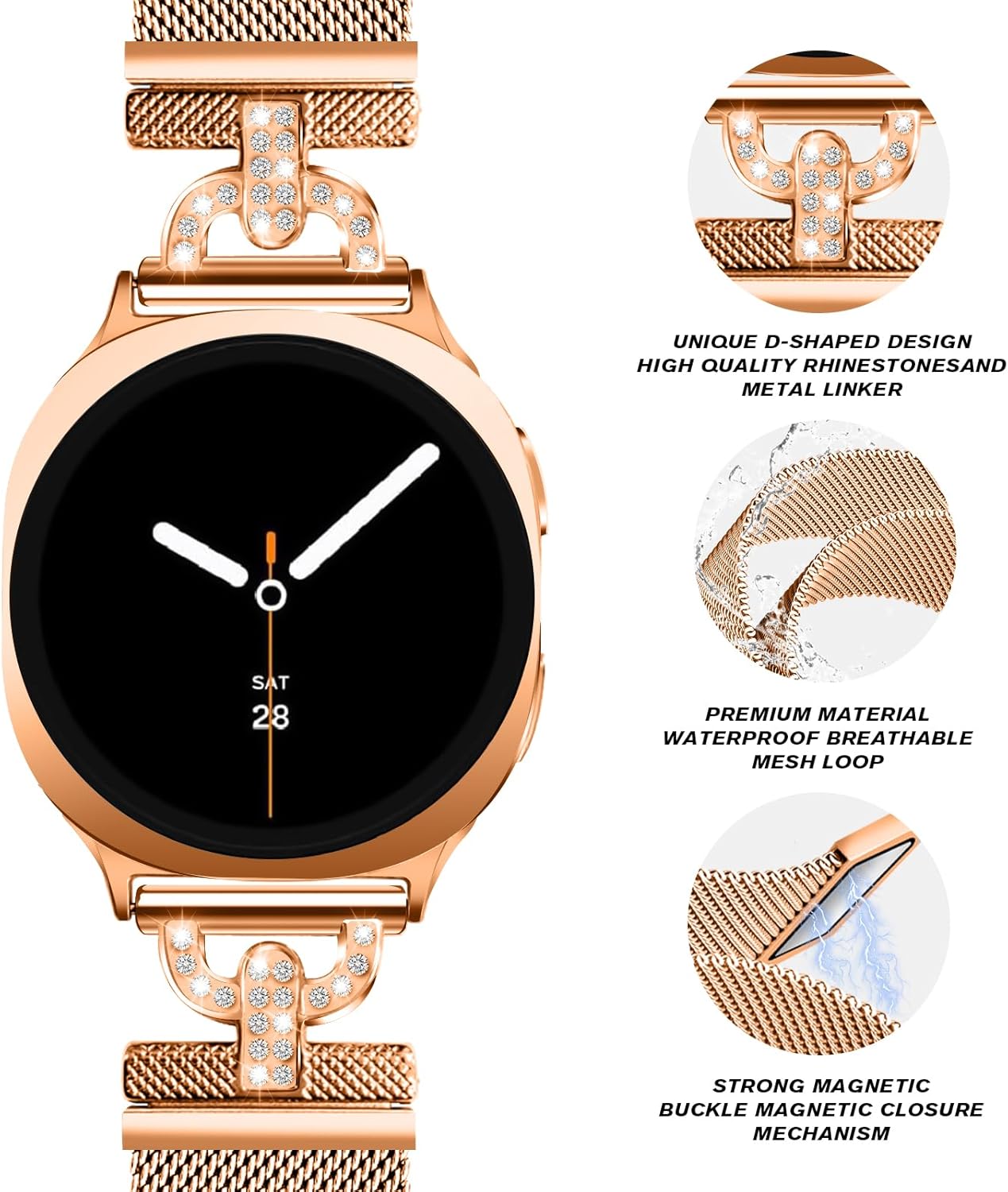 Metal Magnetic Bands Compatible with Samsung Galaxy Watch 8 40mm 44mm/Galaxy Watch 8 Classic 46mm, Mesh Stainless Steel Dressy Wristband with D-Shape Diamond Women - Image 3