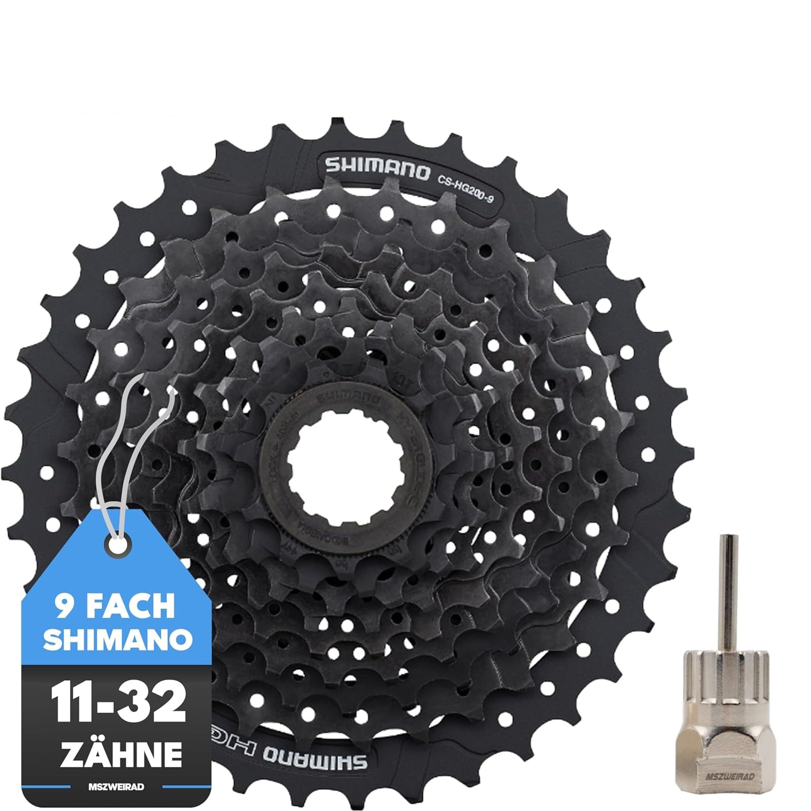 MSZweirad Zahnkranzabzieher & Kassetten Verschlussring + Shimano Fahrrad Kassette 9-Fach CS-HG200 11-32 Zähne Zahnkranz Schwarz