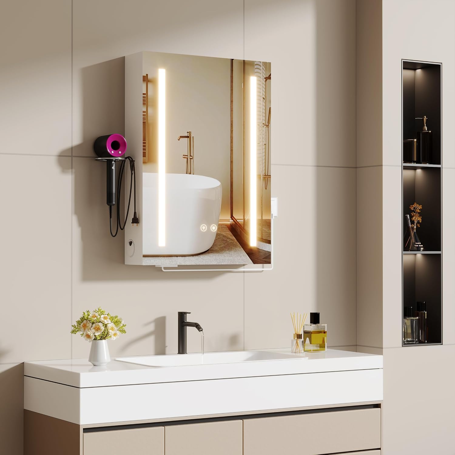 Bathroom Mirror Cabinet with Lighting and Anti-Fog Function Hanging Bathroom Mirror Cabinet with Sockets Hair Dryer Holder and 2 Adjustable Shelves for Bathroom 50 x 70 x 15 cm