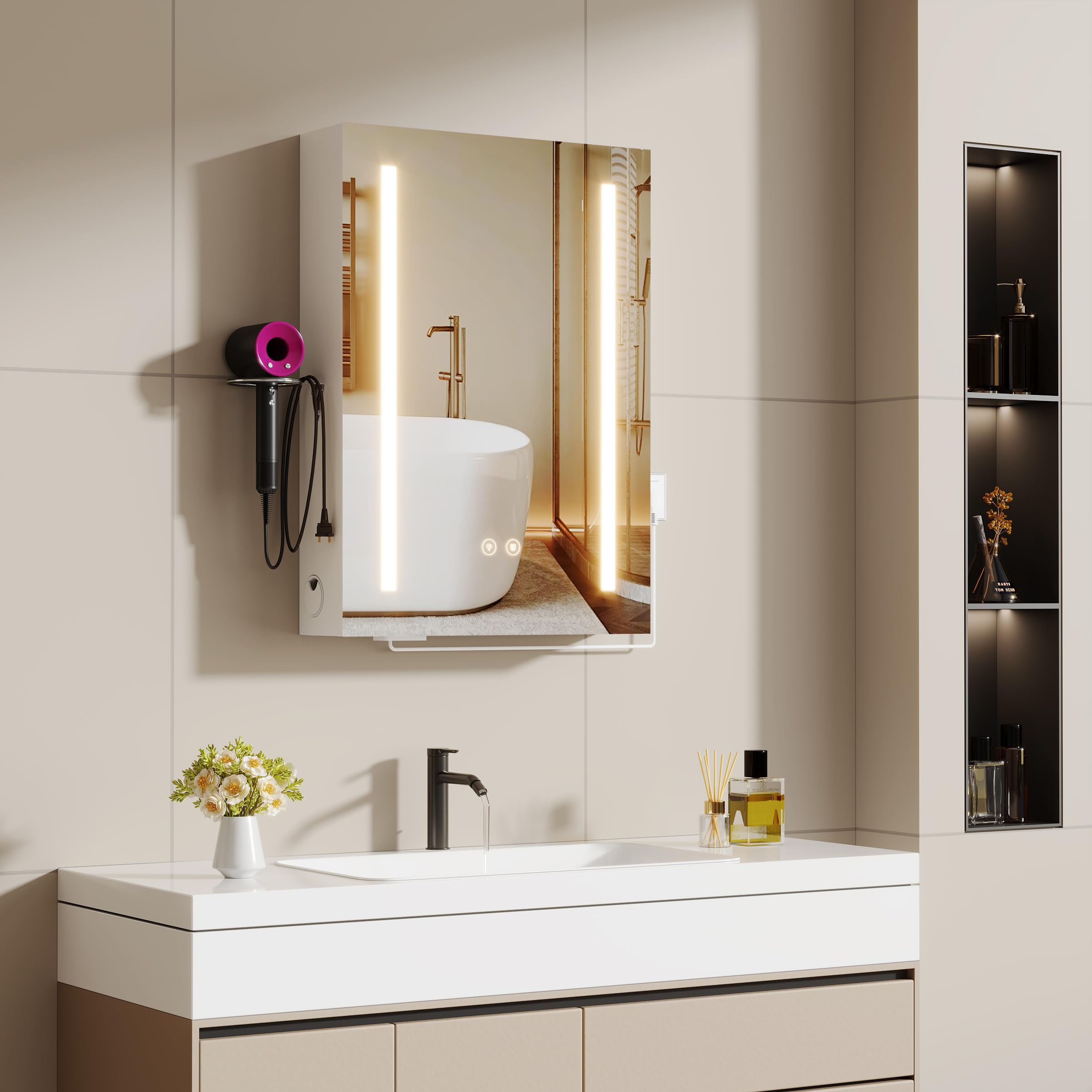 Armoire Murale Salle De Bain avec 3 Couleurs Miroir LED & 2 AC et 3 USB, Fonction DéShumidification et MéMoire,Meuble Salle De Bain Rangement avec éTagèRe RéGlable & Rangement (50x70x15cm, Blanc)