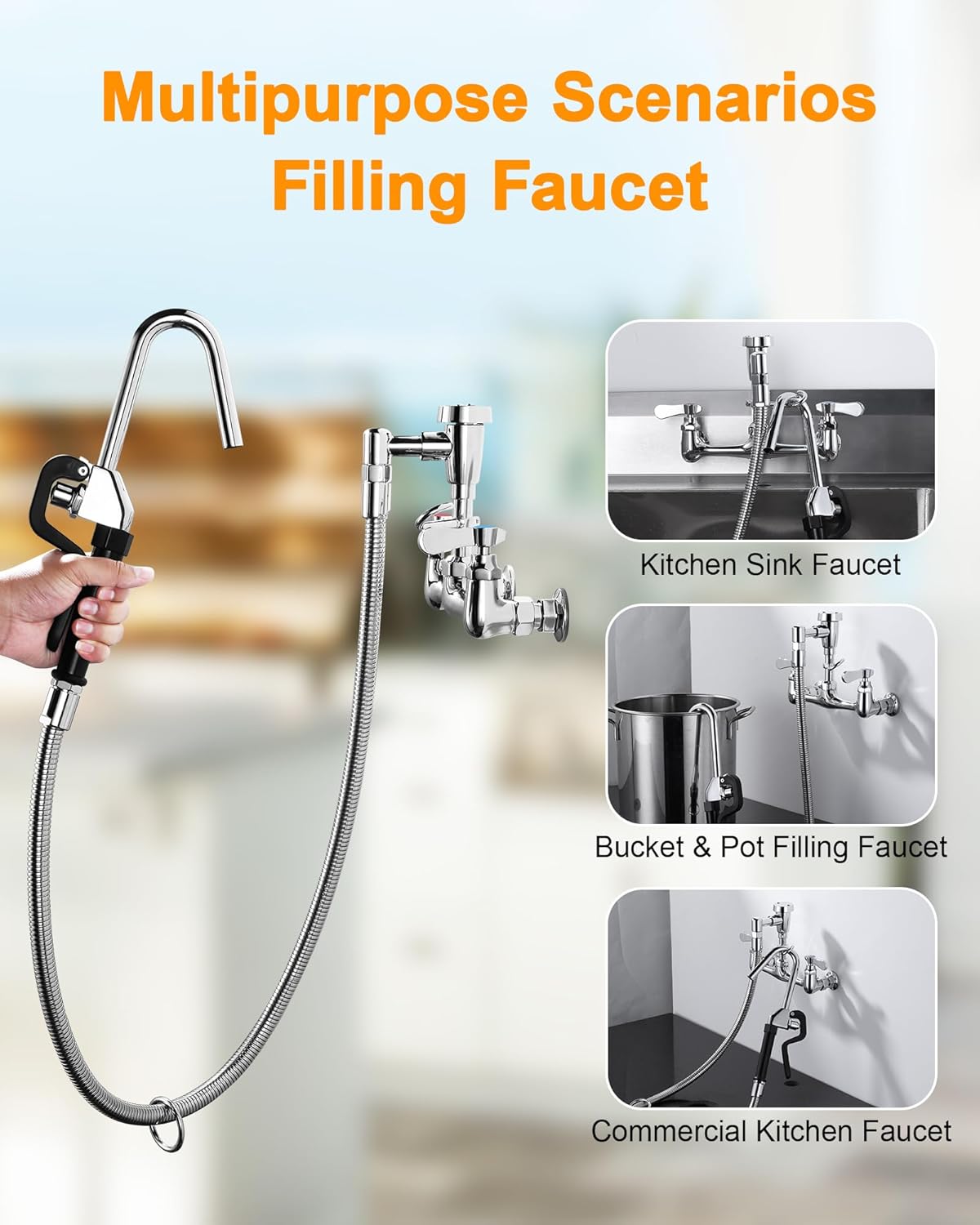 Bridge Kitchen Faucet with Pull Down Sprayer, Gold Kitchen Sink Faucet 3 Holes 2 Handles with Supply Lines & iVIGA Commercial Pot Filler Faucet - Wall Mount Pot Kettle Filling Faucet