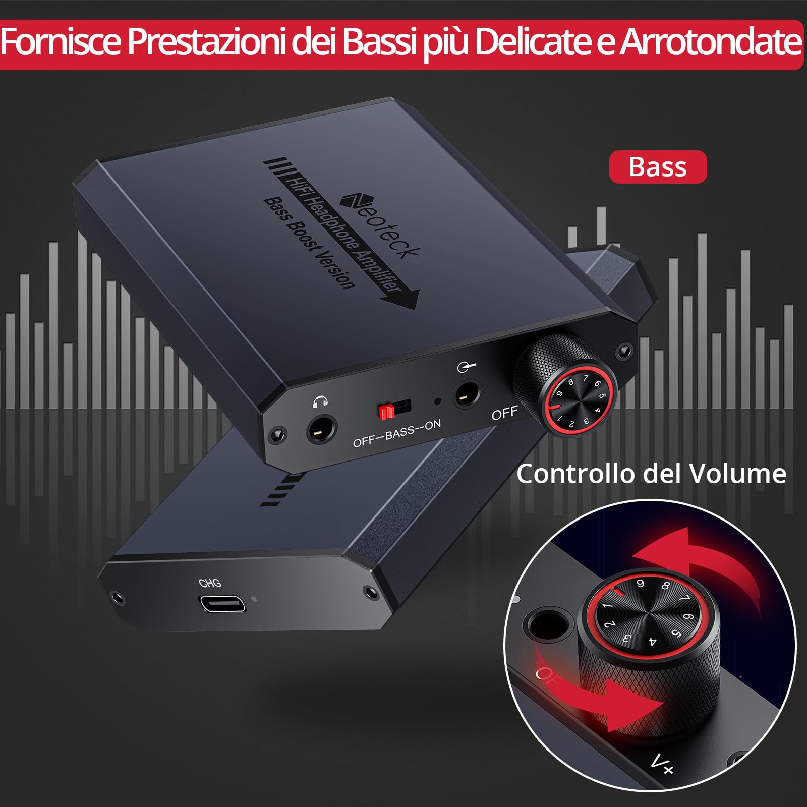 Neoteck 16-300Ω Amplificatore per Cuffie Portatile Ricaricabile con Bass Boost HiFi Amplificatore Cuffie 3.5mm con 8h Autonomia, AMP in Aluminio Opaco per PC, Cellulari, Lettori CD, MP3/MP4