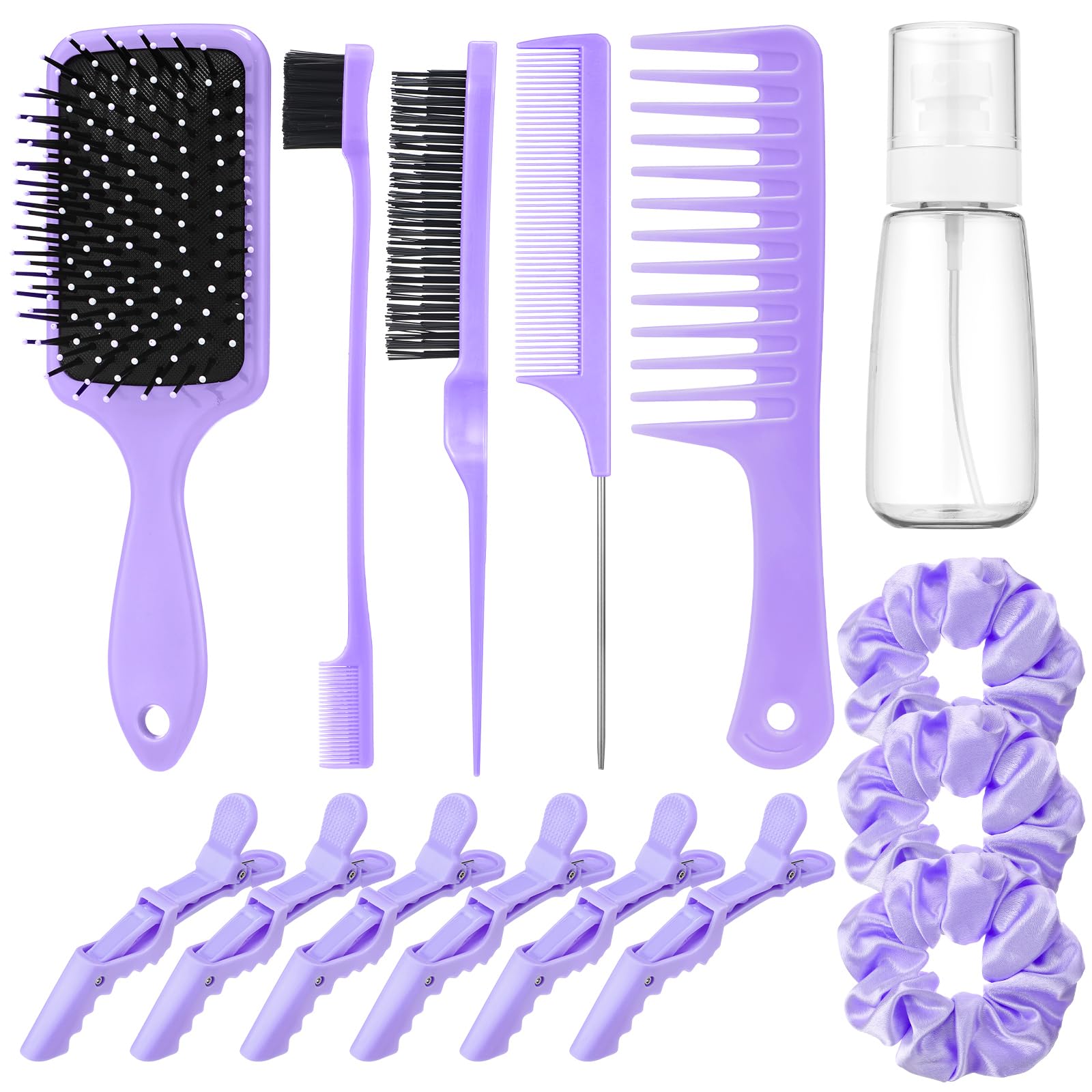 15 Pcs Slick Back Hair Brush Set, Bristle Comb with Spray Bottle,Hair Clip,Edge Brush for Women, Men (Purple)